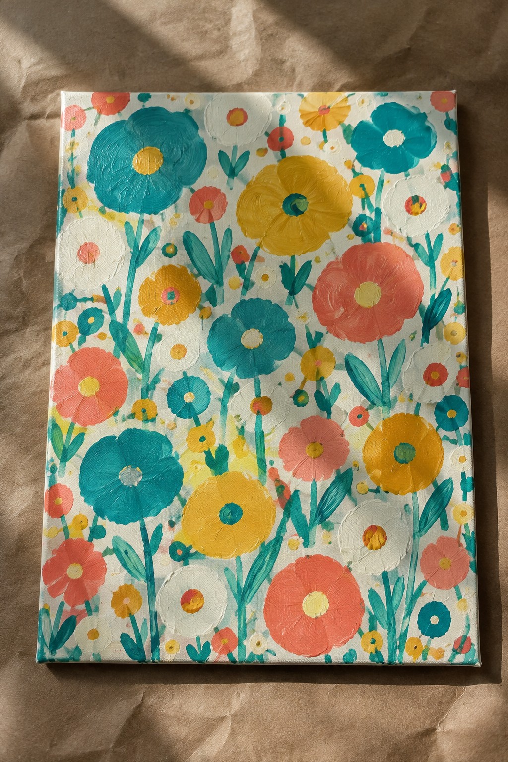 Vibrant abstract floral painting with teal, yellow, coral, and white flowers on canvas