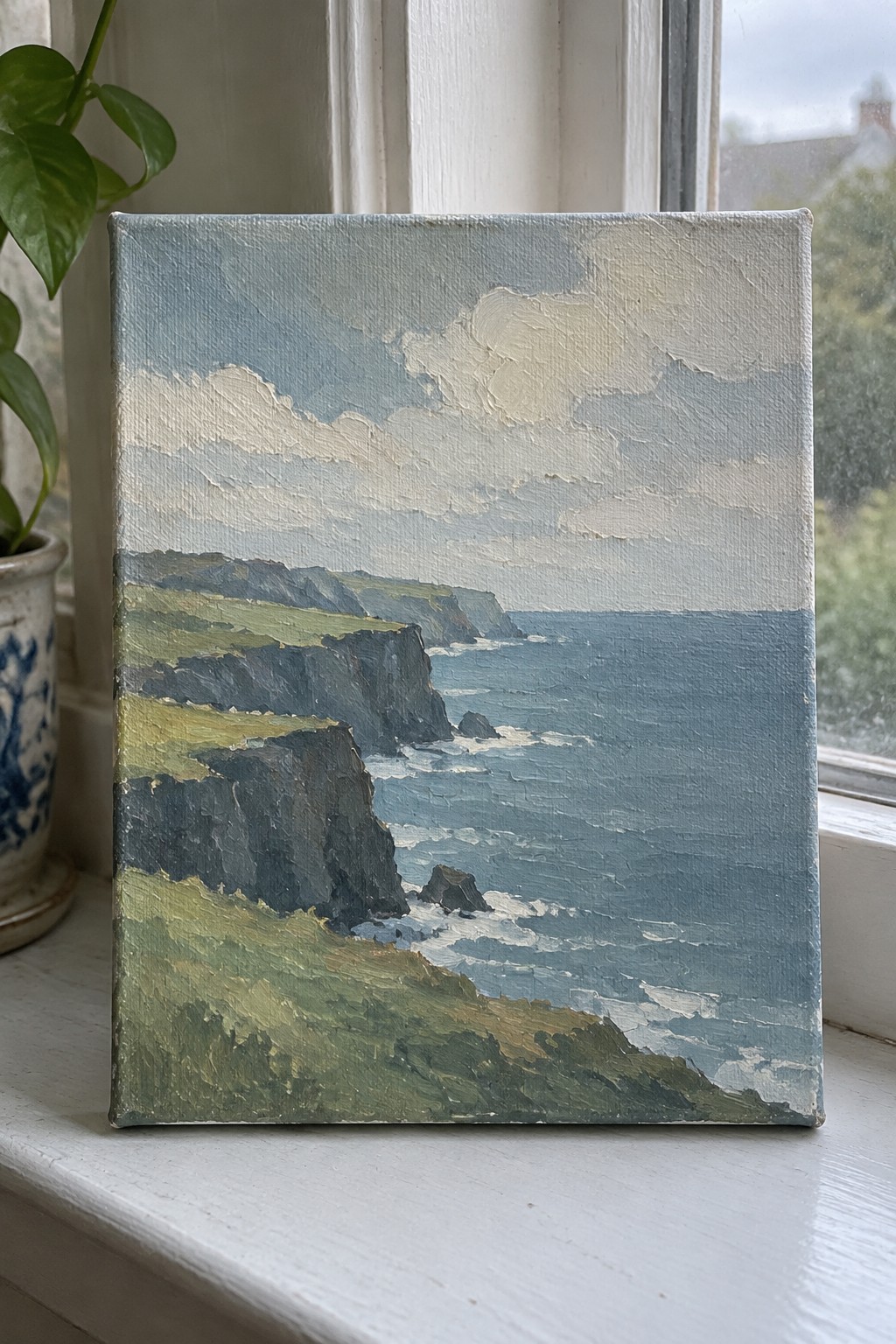 Oil painting of sea cliffs and waves on windowsill beside potted green plant.