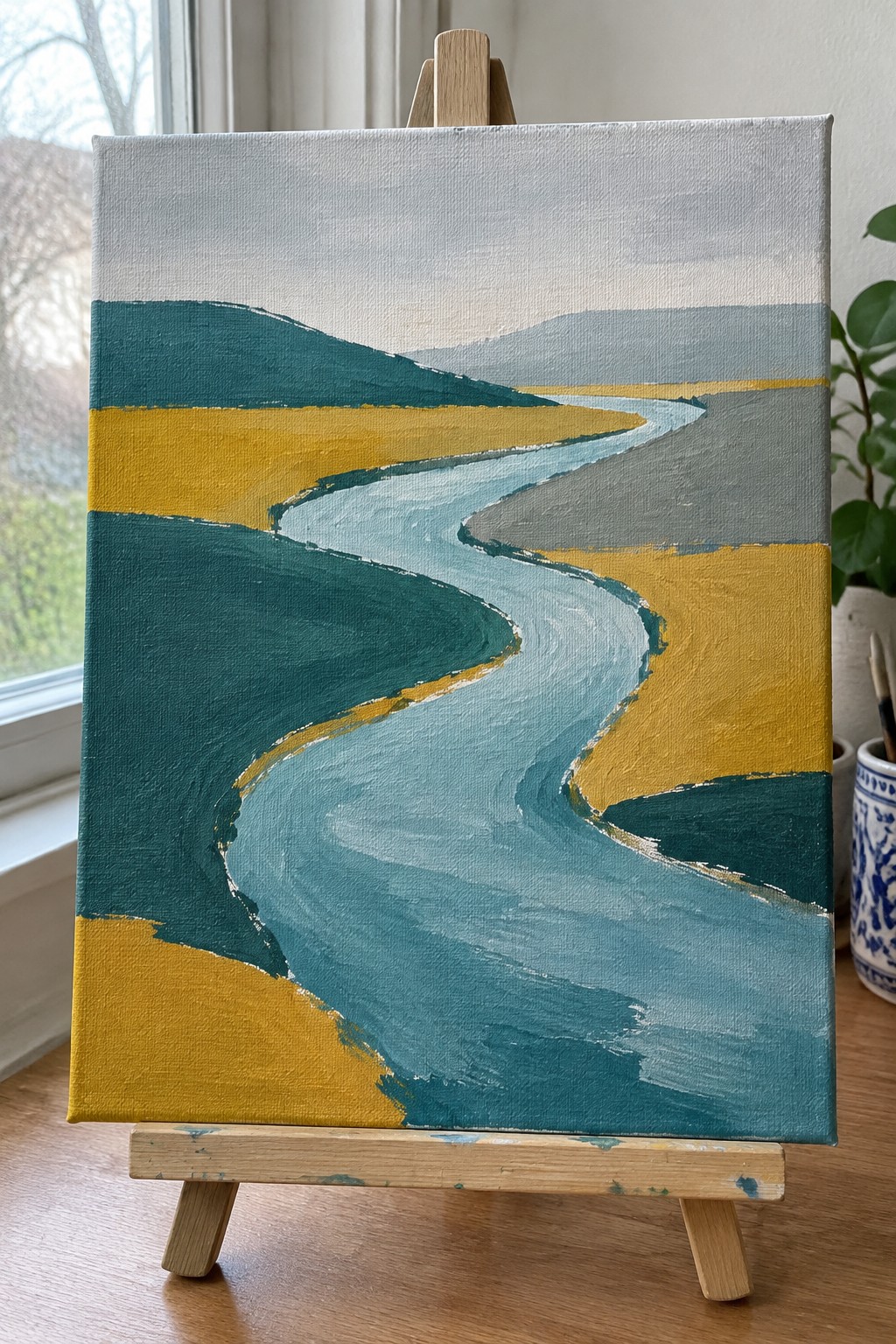 Abstract painting of winding blue river through yellow and teal fields on easel