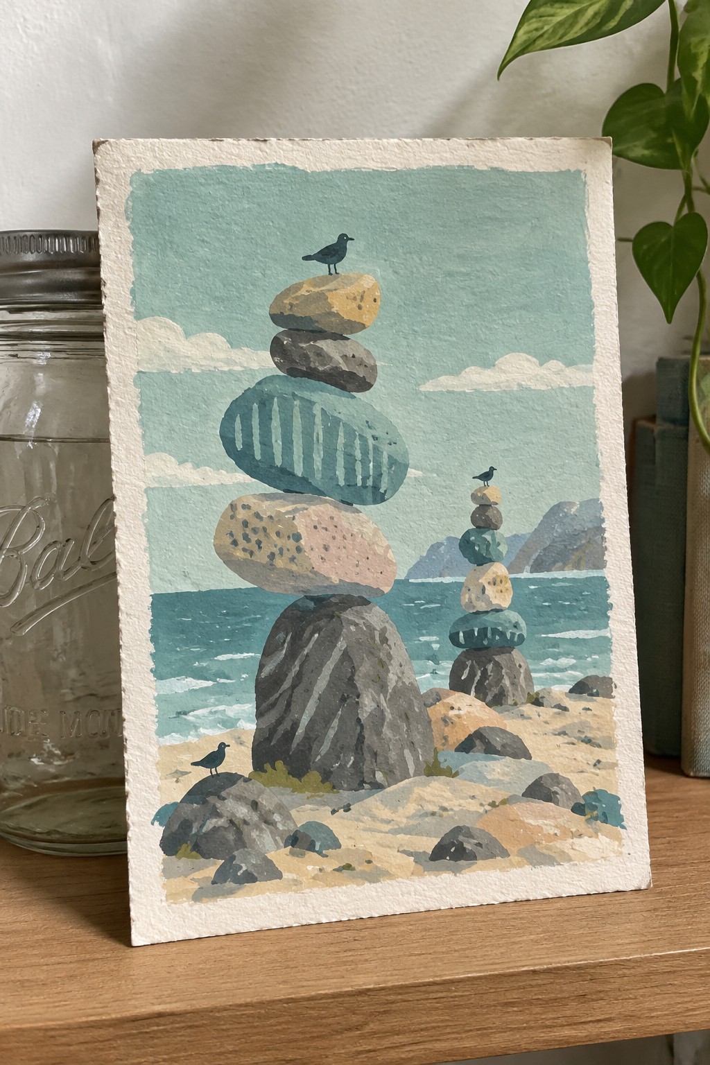 Watercolor painting of stacked rock cairns with birds on a beach by the sea