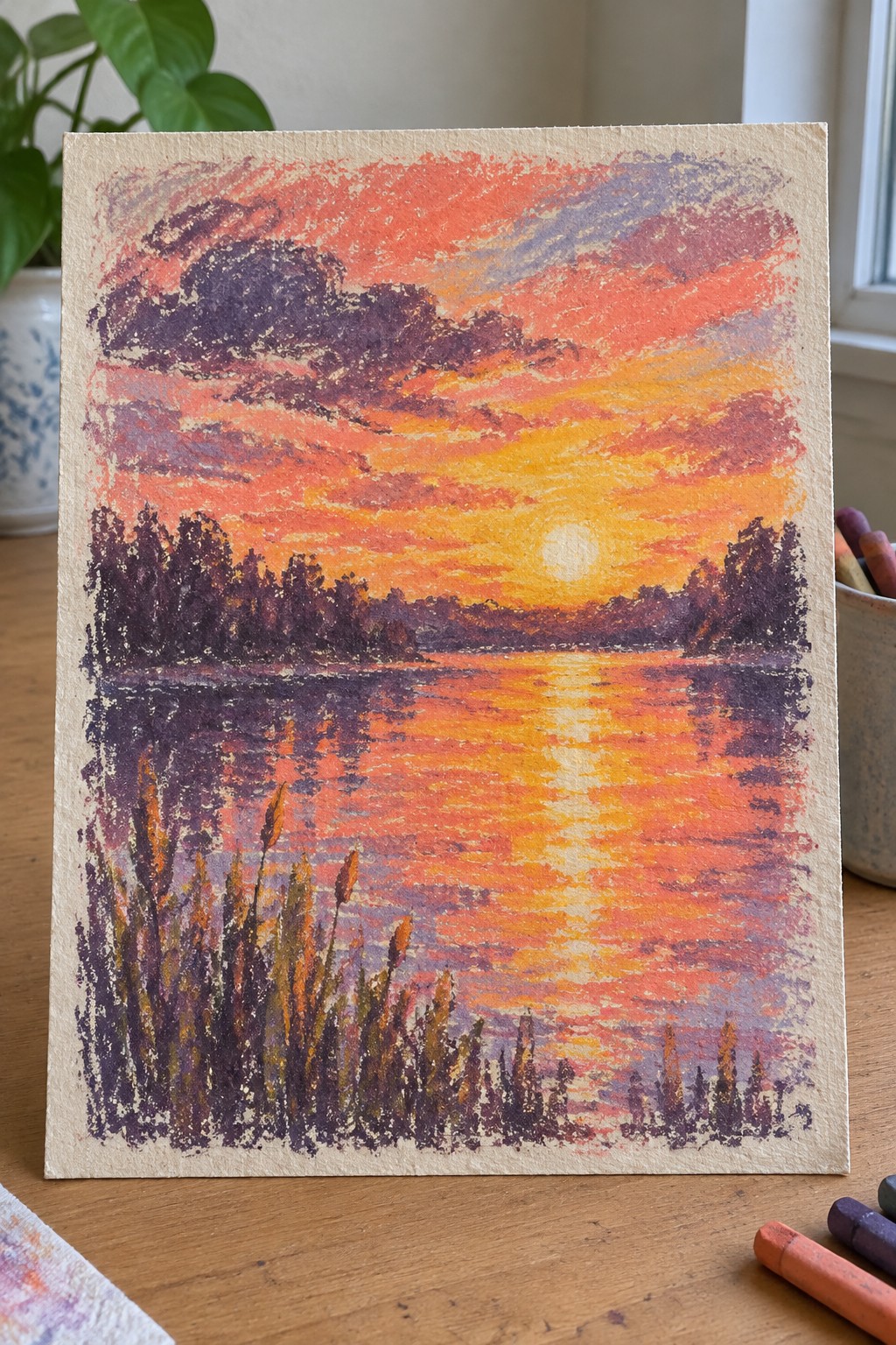 Pastel sunset landscape with vibrant orange sky reflected in lake and silhouetted reeds