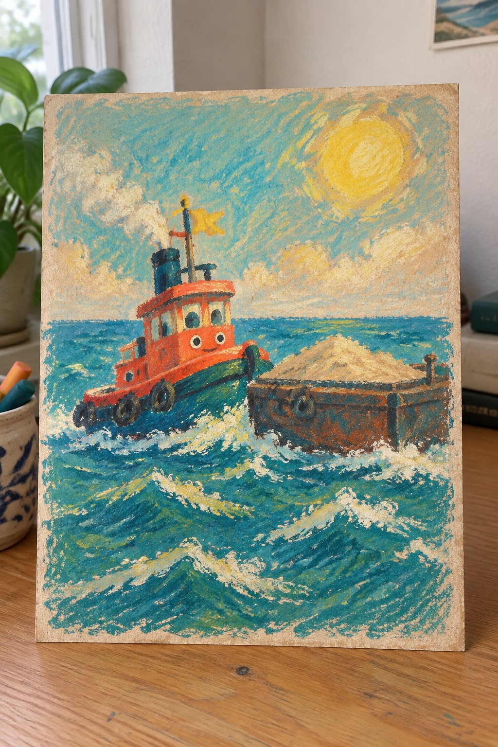 A colorful painting of a red tugboat with a face towing a brown barge loaded with sand on choppy blue waves under a yellow sun.