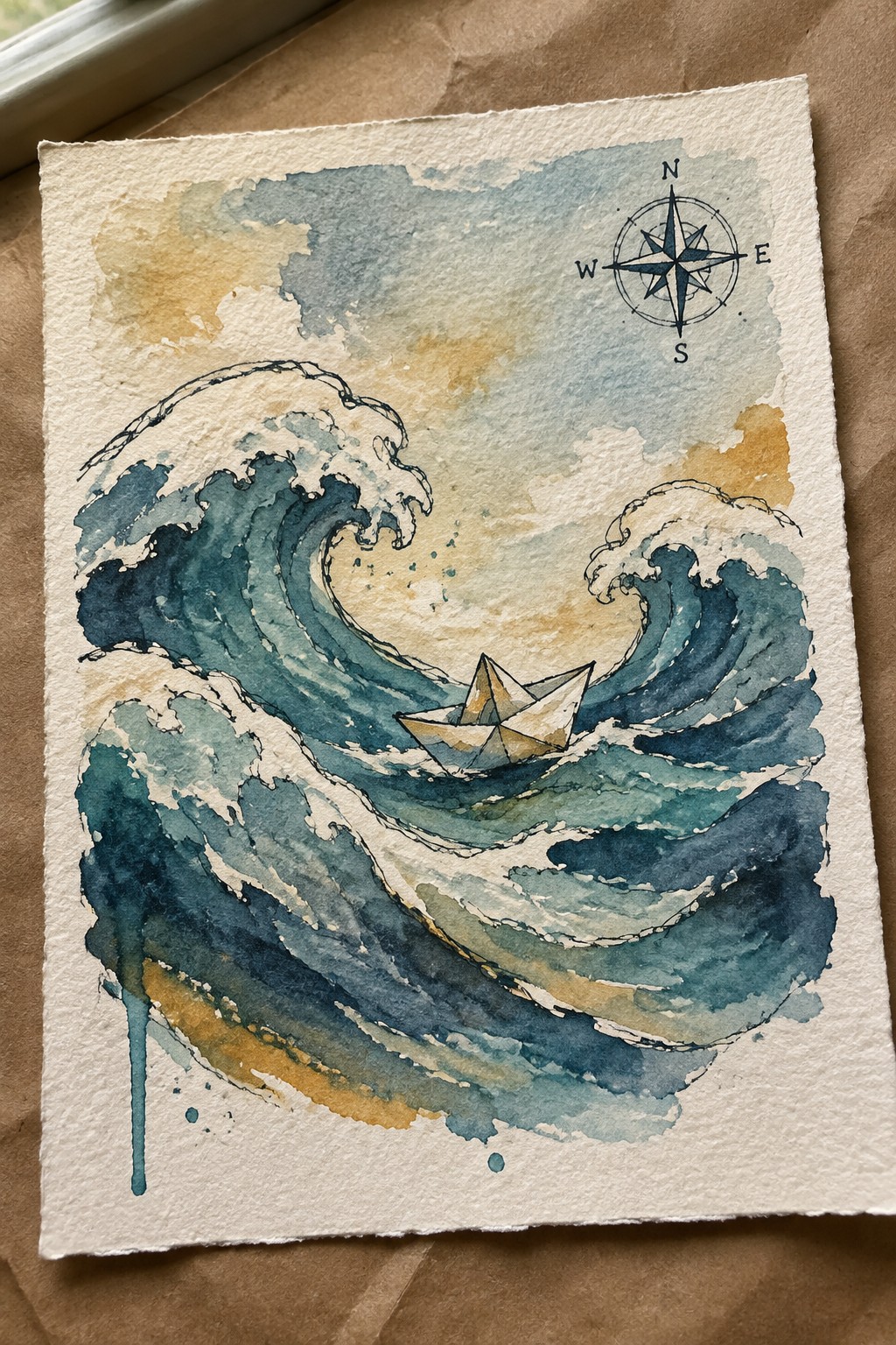 Watercolor of paper boat amid stormy blue waves beneath compass rose