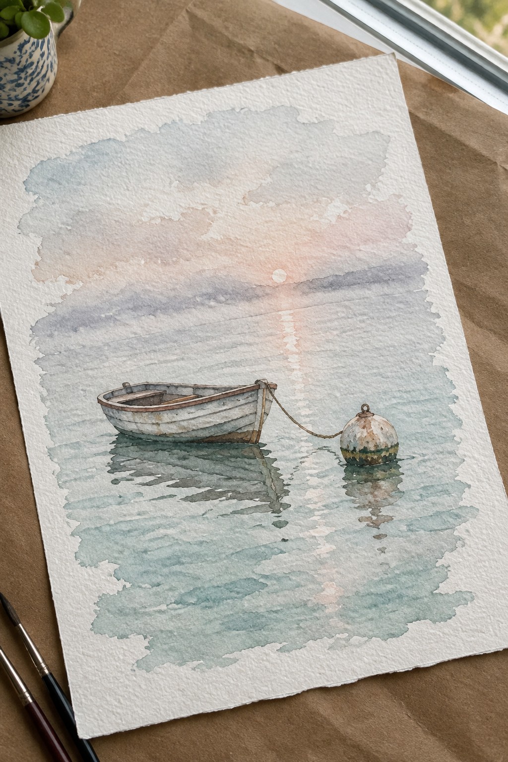 Watercolor of a white rowboat moored to a buoy on calm pastel waters at sunset