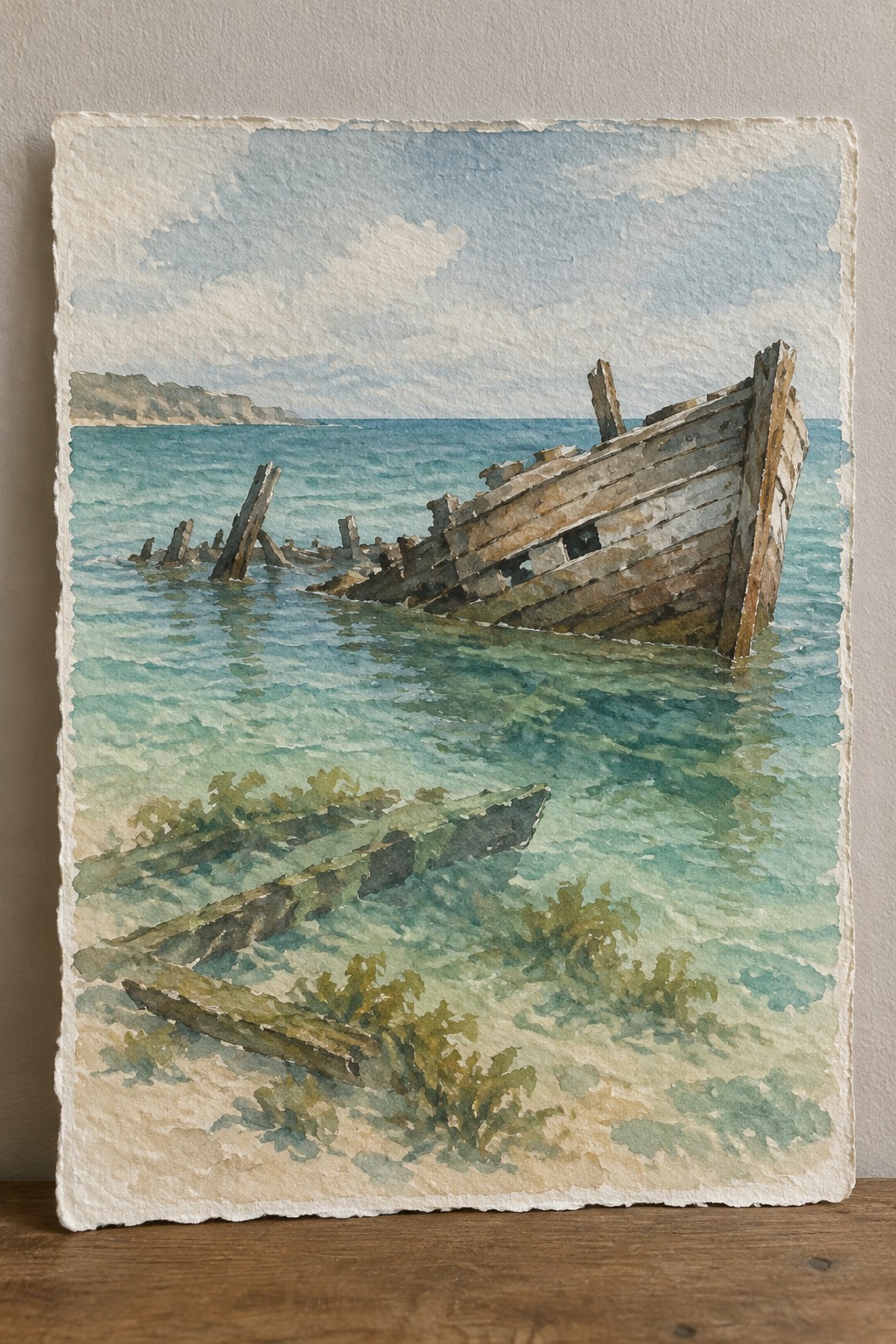 Watercolor of a weathered wooden shipwreck tilted in shallow turquoise sea near sandy shore