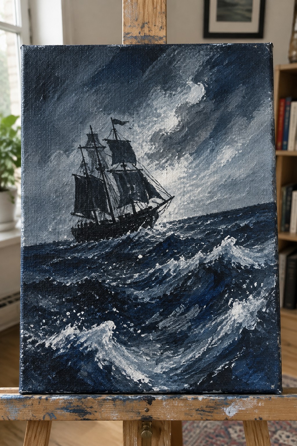 Stormy seascape oil painting of black ship on wooden easel