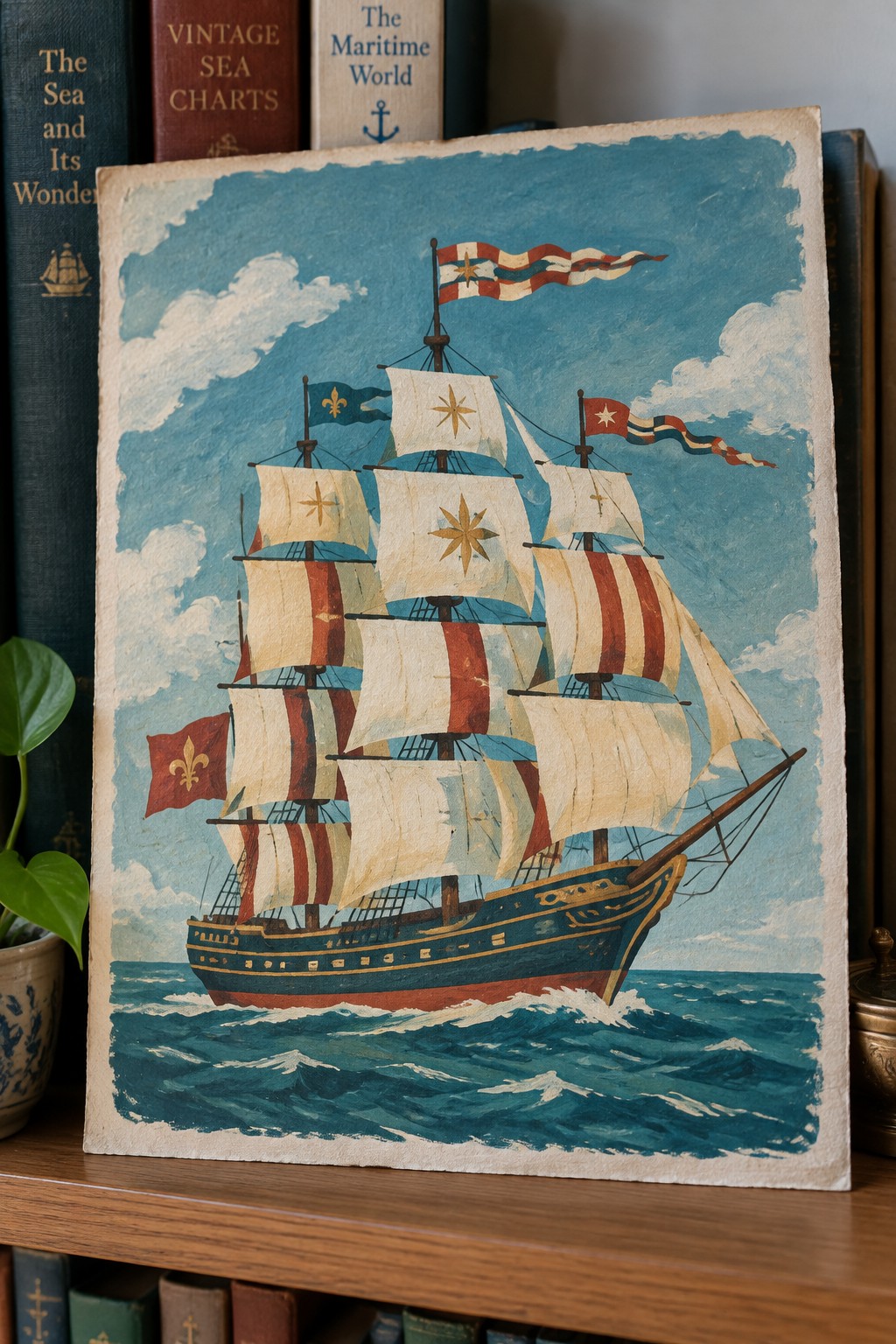 Vintage painting of a tall ship with red-striped sails and flags on blue waves