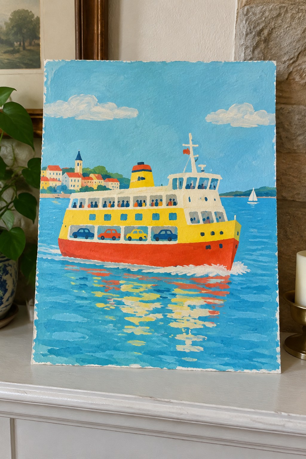 Colorful painting of yellow ferry with red hull on blue water near hillside town.