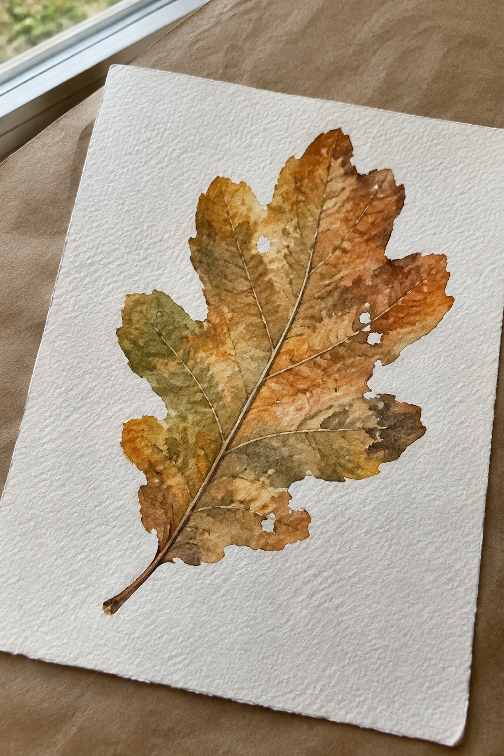 Watercolor of an oak leaf in brown, orange, and green on white paper