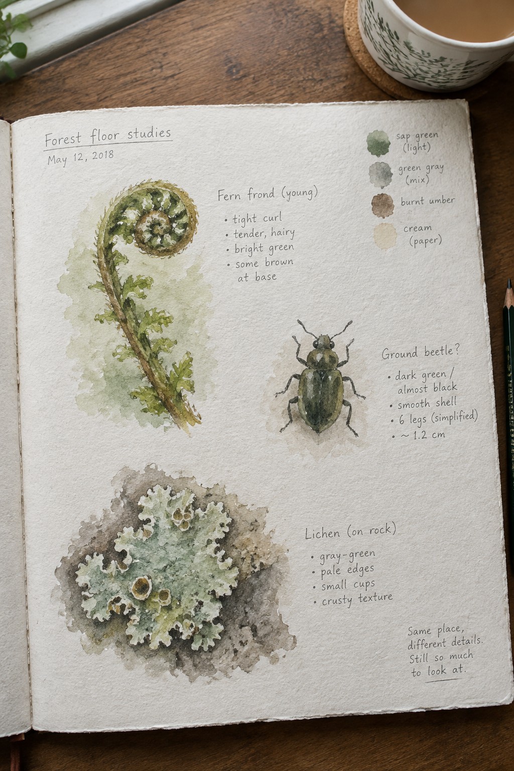 Open sketchbook with watercolor fern frond, beetle, and lichen studies plus notes.
