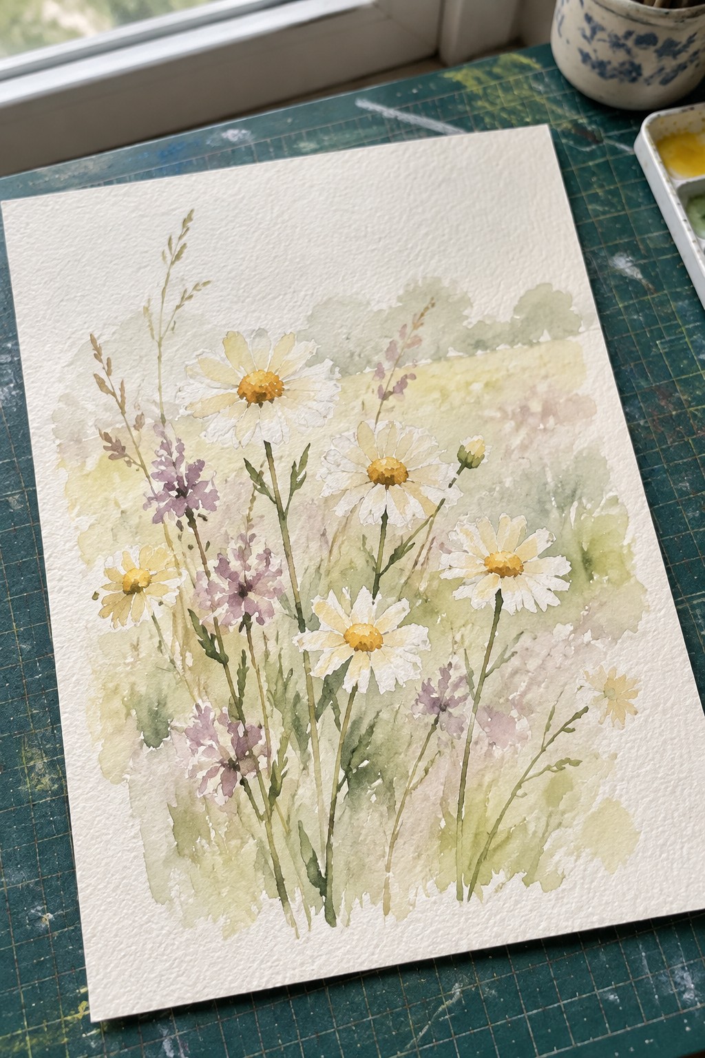 Watercolor painting of white daisies with yellow centers and purple wildflowers on textured paper