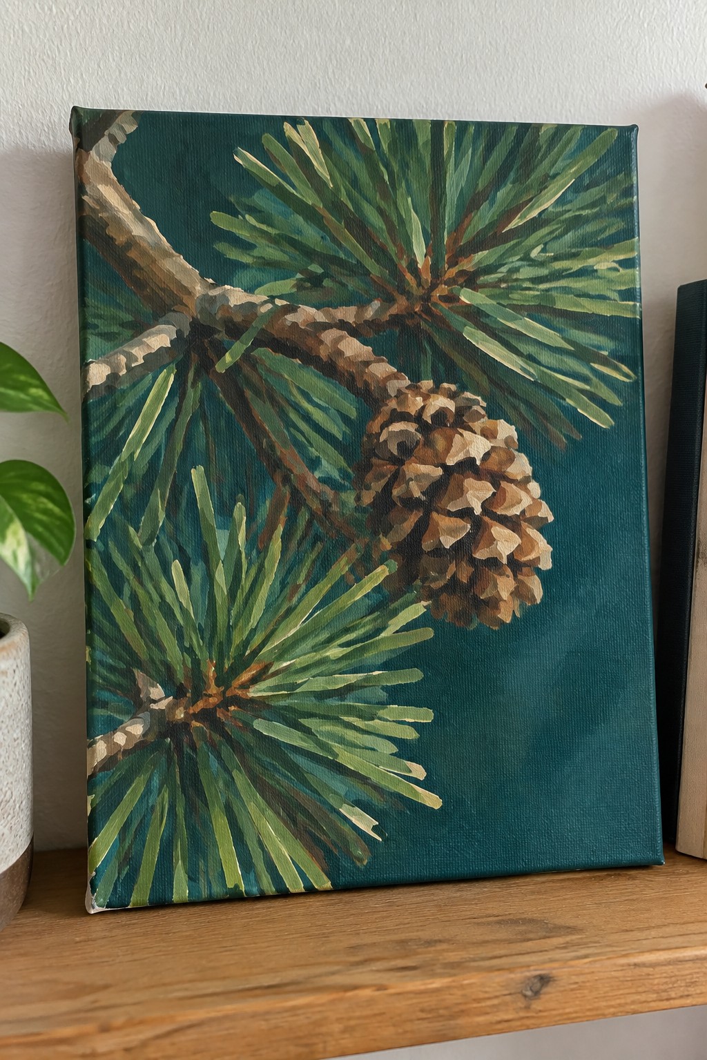 Realistic painting of brown pinecone on green pine branch against teal background.