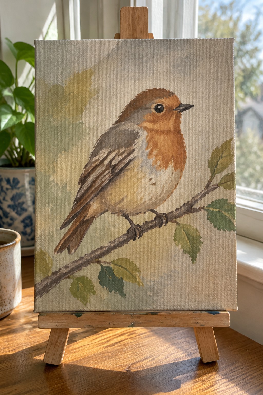 Watercolor painting of robin perched on leafy branch, displayed on wooden easel in sunlight