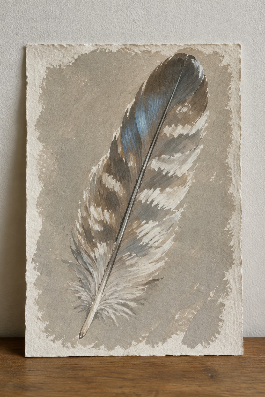 Brown and blue feather painting on textured beige deckled paper.