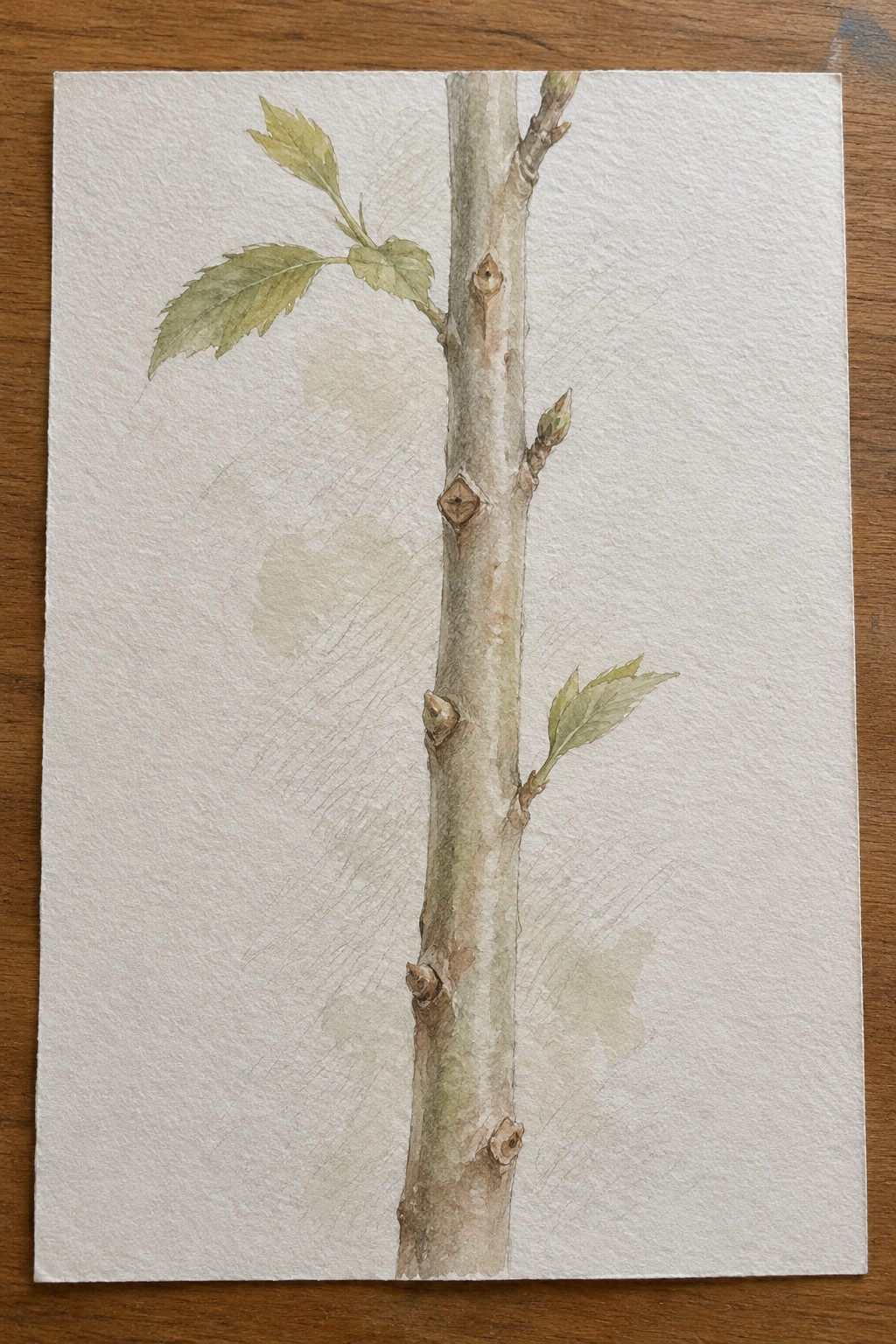 Watercolor painting of a tree trunk with green leaves and sprouting buds on paper.