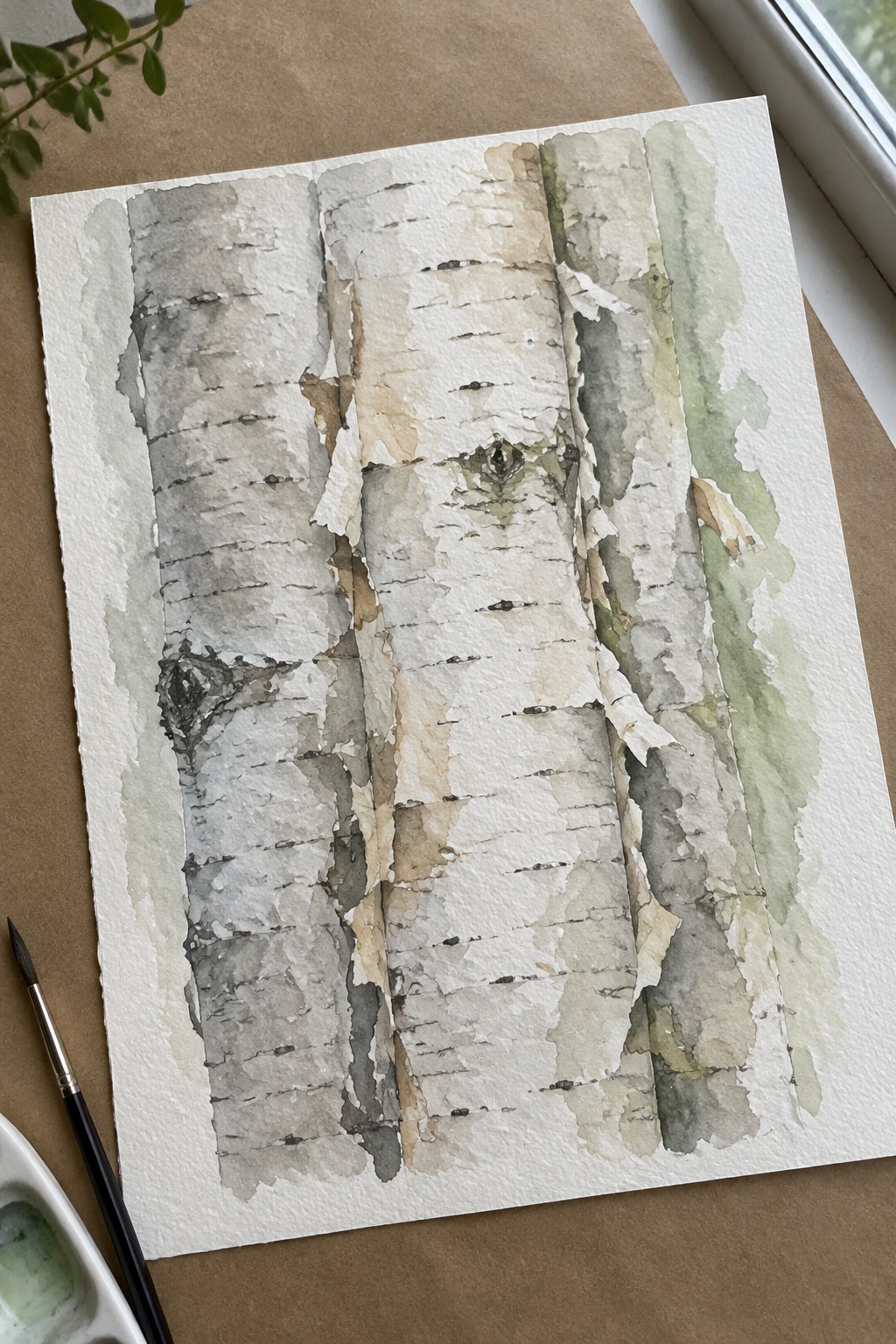 Watercolor of birch trunks with peeling white, gray, and green bark, paintbrush beside.