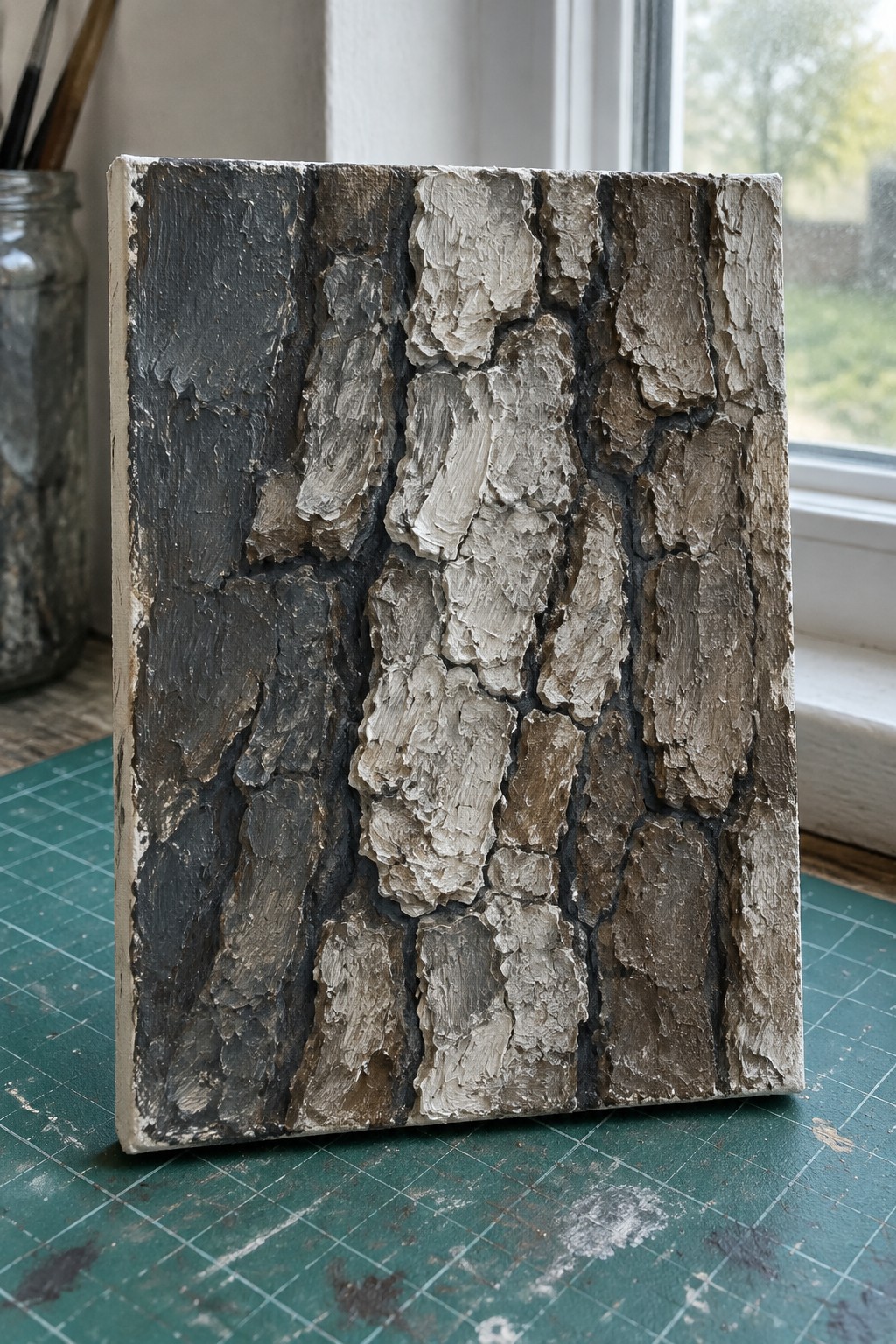 Thick impasto abstract painting with cracked gray, black, and brown textures on canvas
