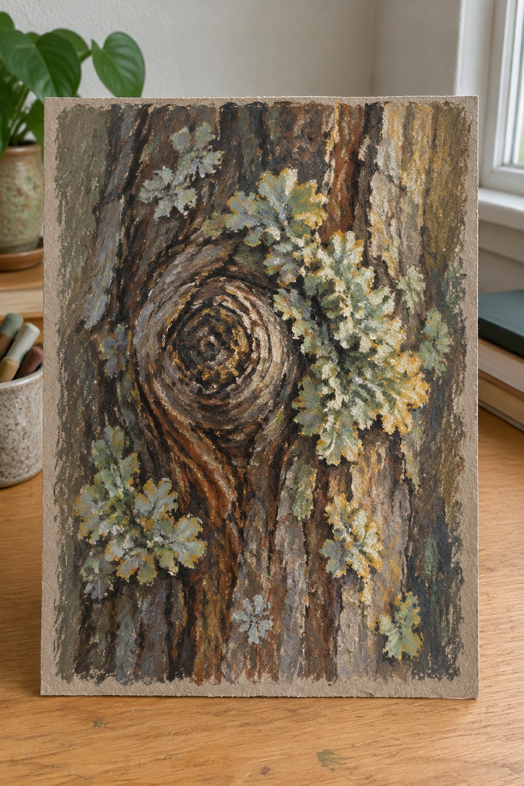 Textured painting of swirling tree bark with green and yellow foliage clusters