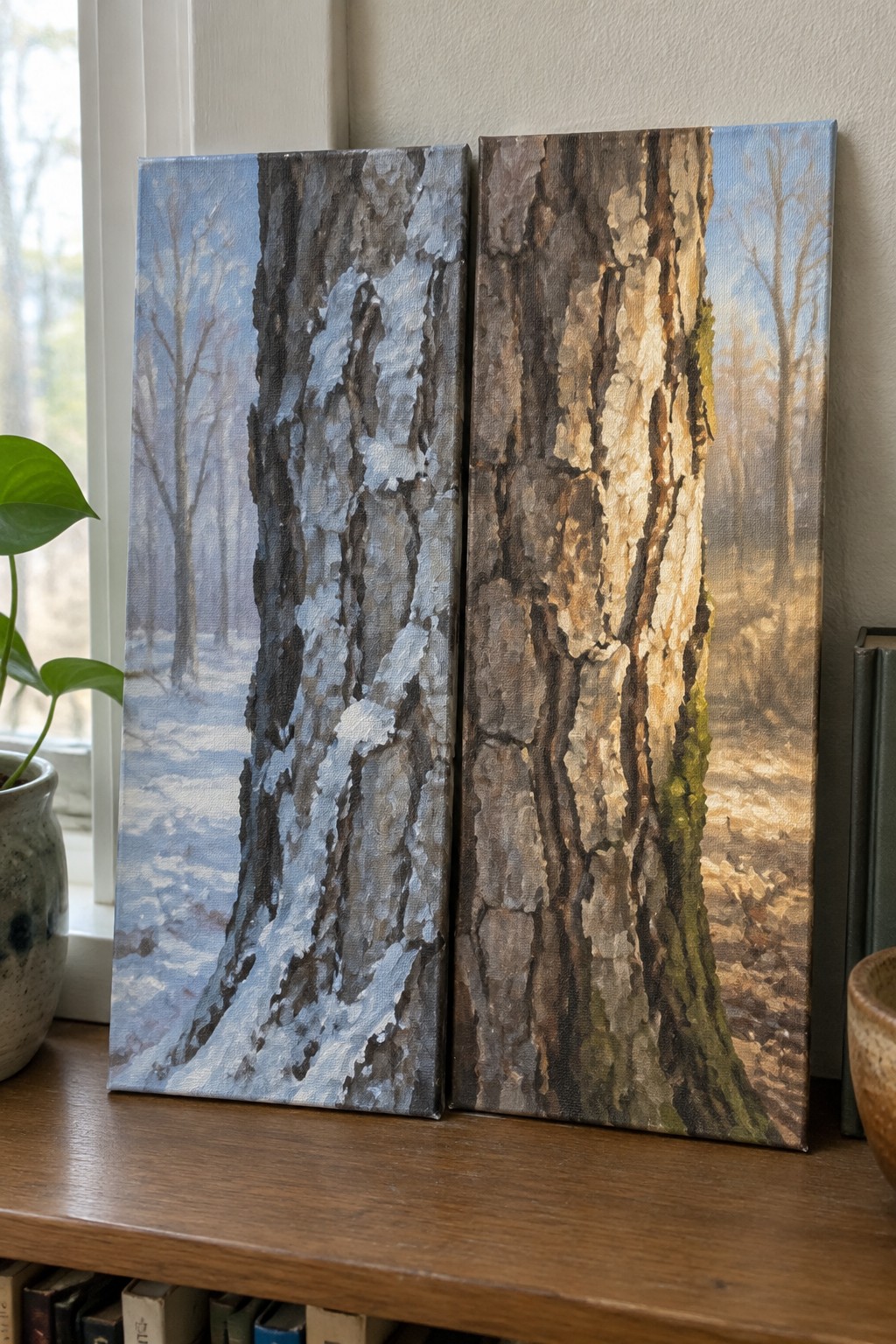 Two paintings of tree trunks in contrasting cool and warm-toned forest scenes on a shelf.