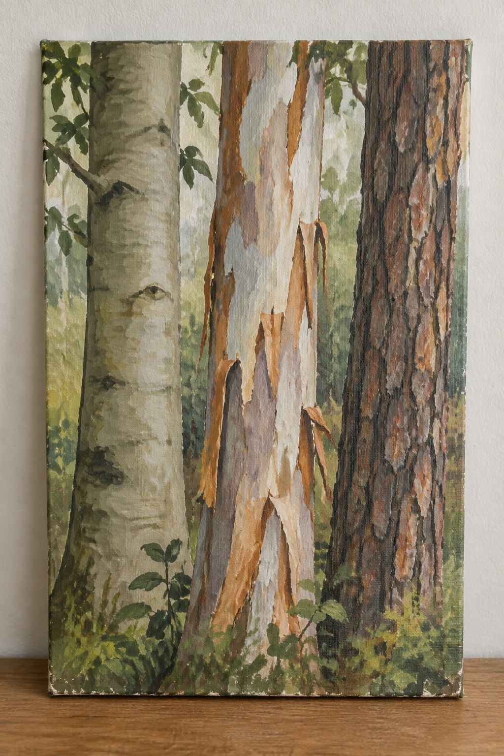 Three tree trunks with peeling white-brown bark amid green forest foliage