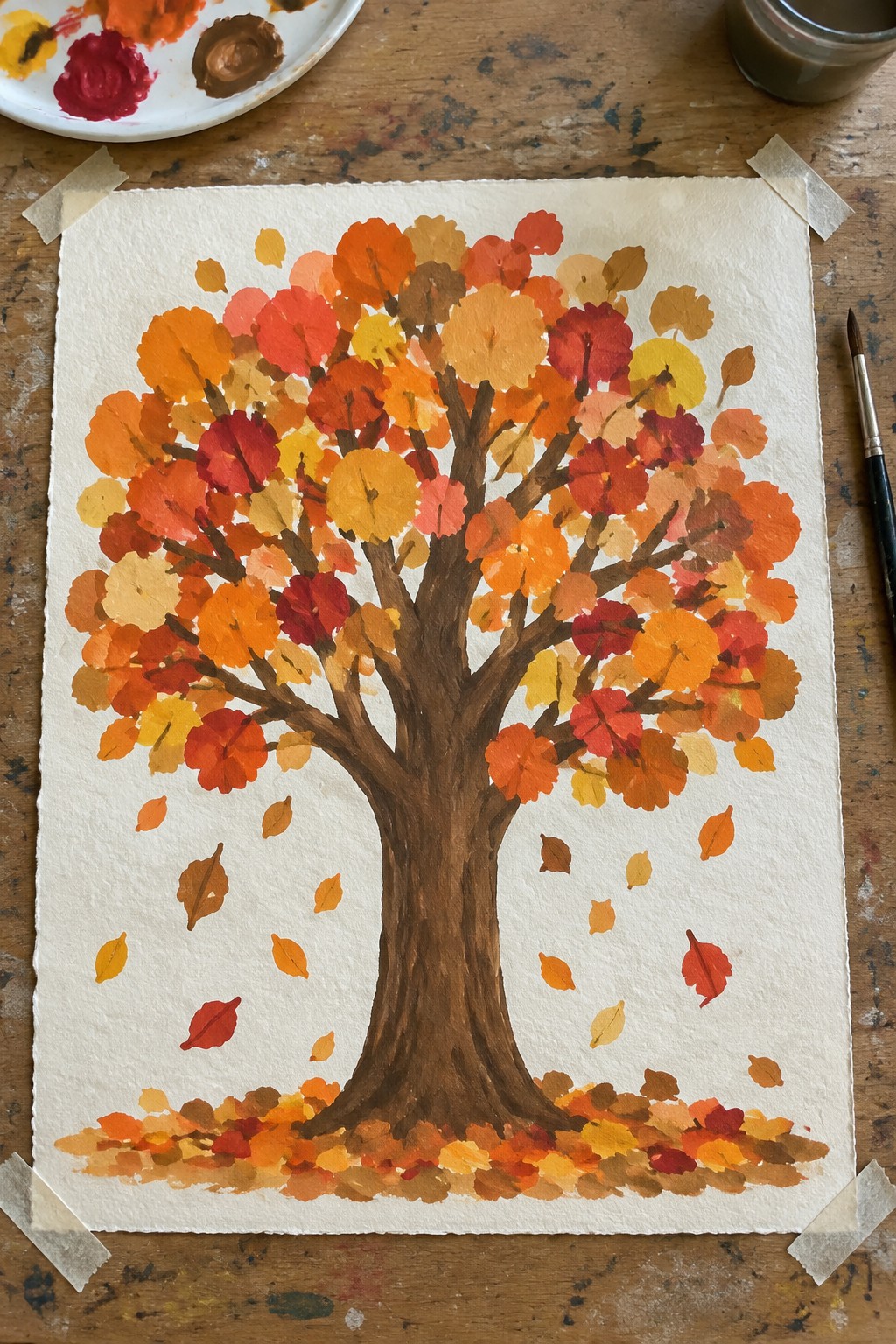 Watercolor painting of a large autumn tree with orange, red, and yellow circular leaves on a brown trunk, scattered leaves falling onto a colorful pile at the base.