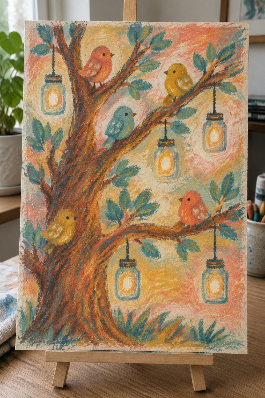 Colorful pastel painting of birds on a tree with glowing hanging lanterns.