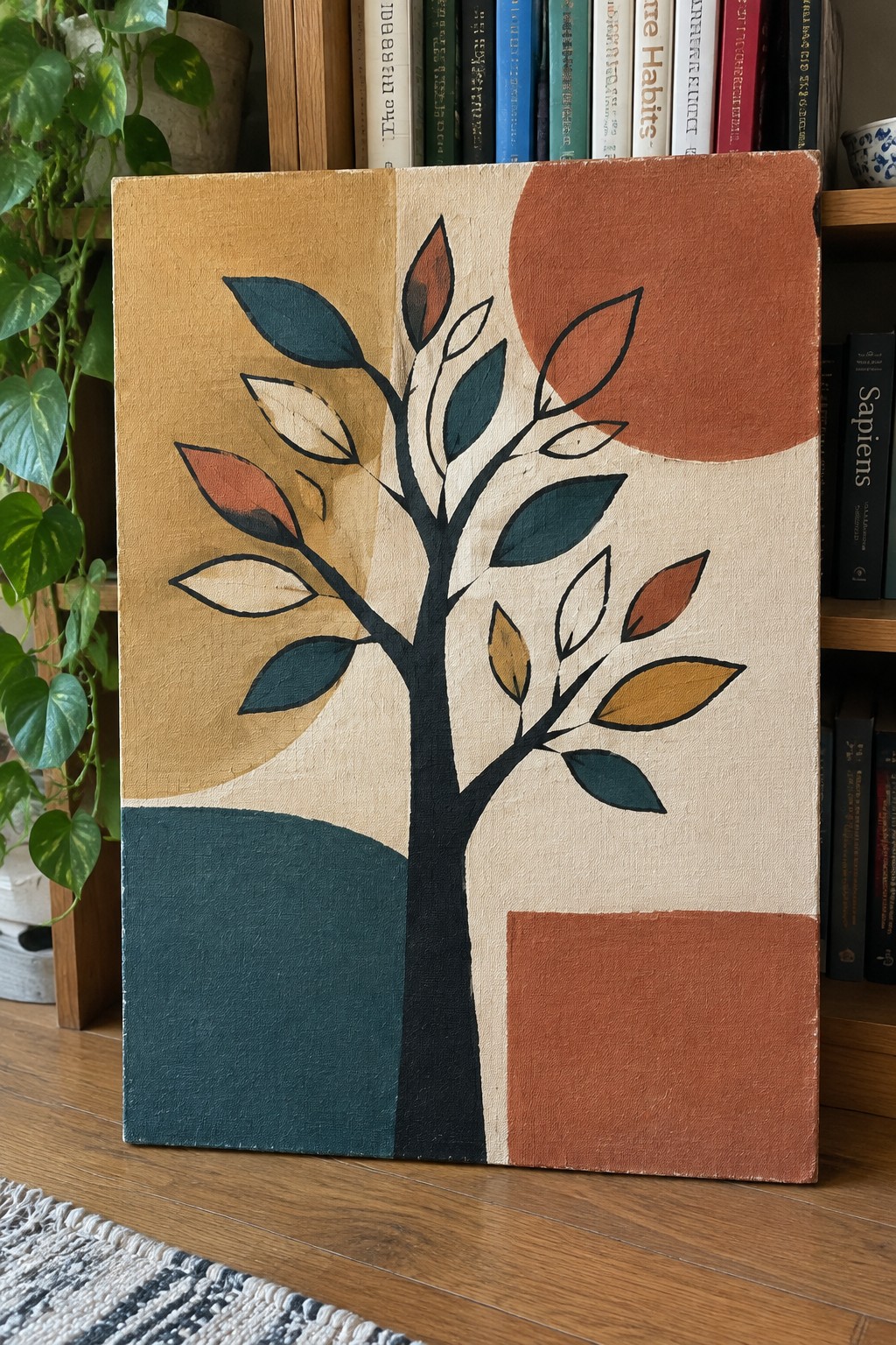 Abstract tree painting with colorful leaves and orange sun against bookshelf