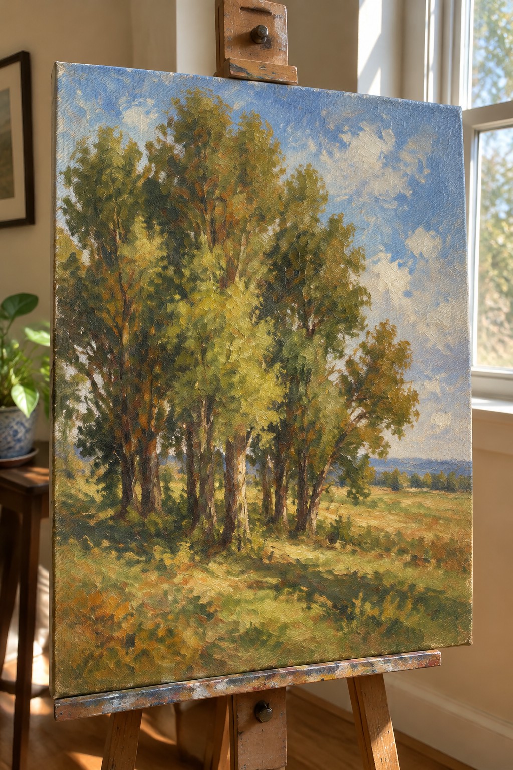 An impressionistic painting of tall trees with green and orange leaves in a grassy field under a blue sky, displayed on a wooden easel.