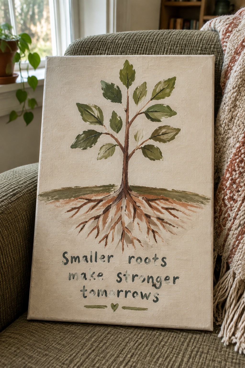 Canvas artwork of tree with roots and quote resting on green couch