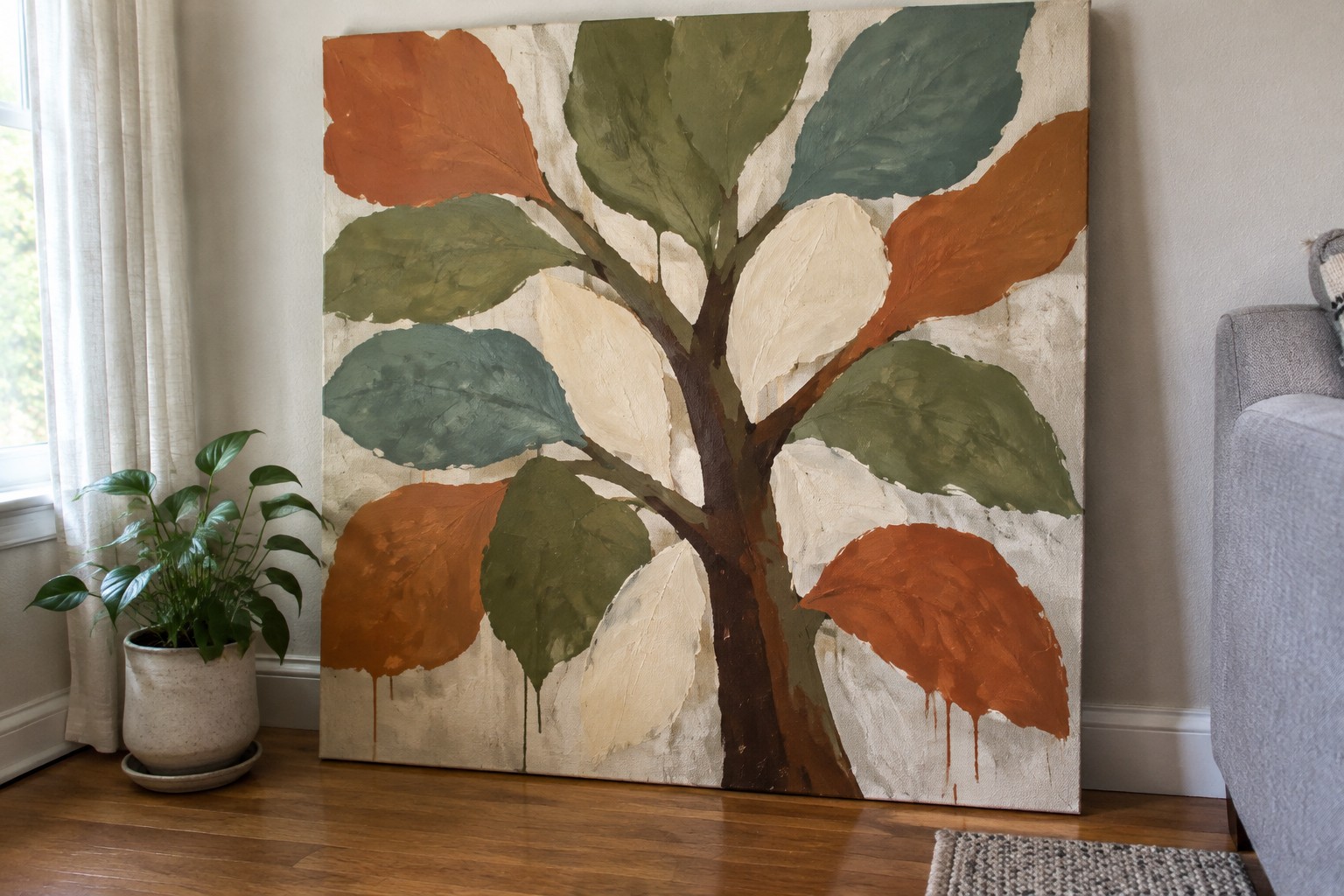 Abstract tree painting with orange, teal, and green leaves on beige canvas