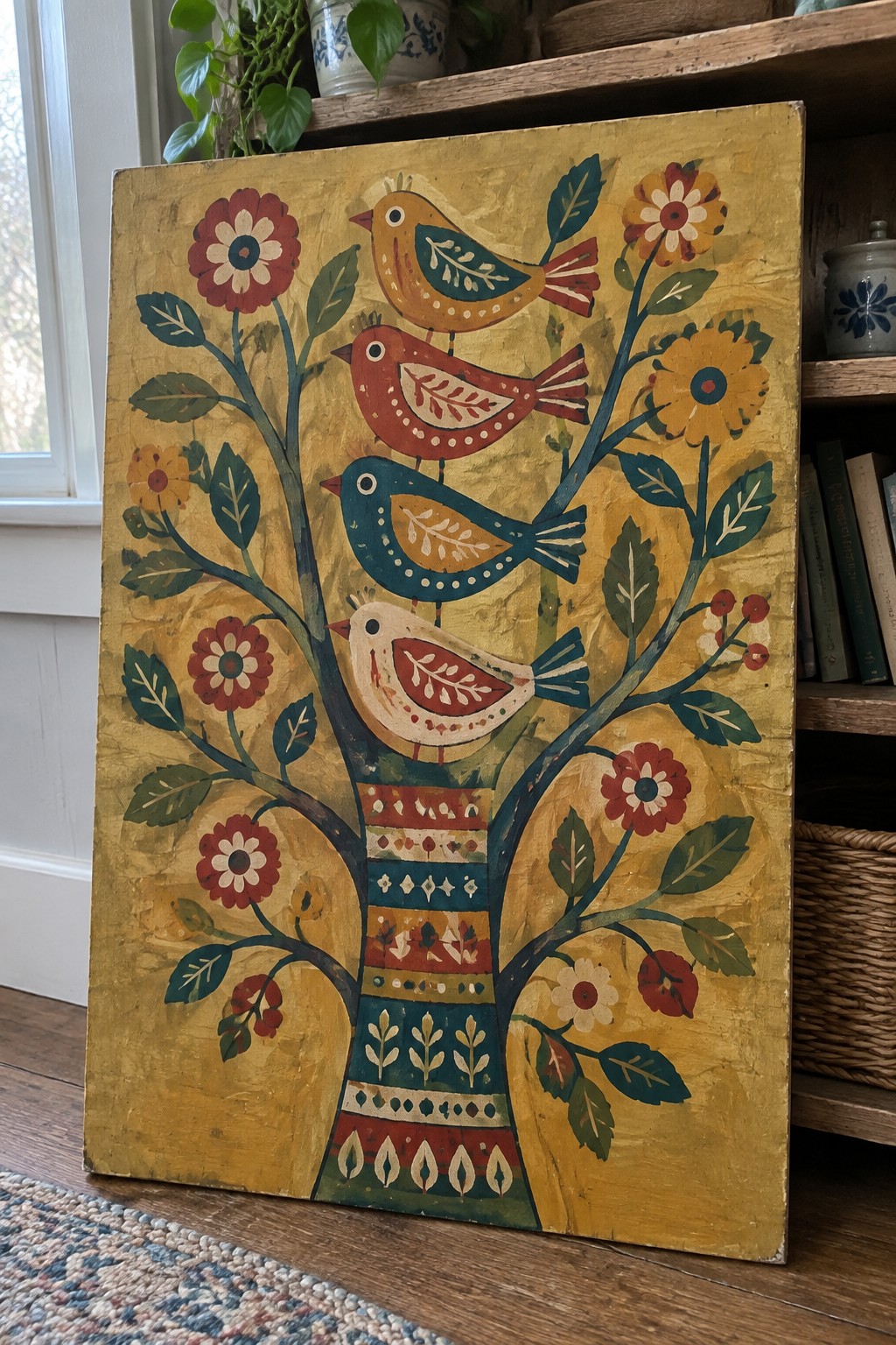 Folk art painting of a tree with four colorful birds and vibrant flowers on yellow background.