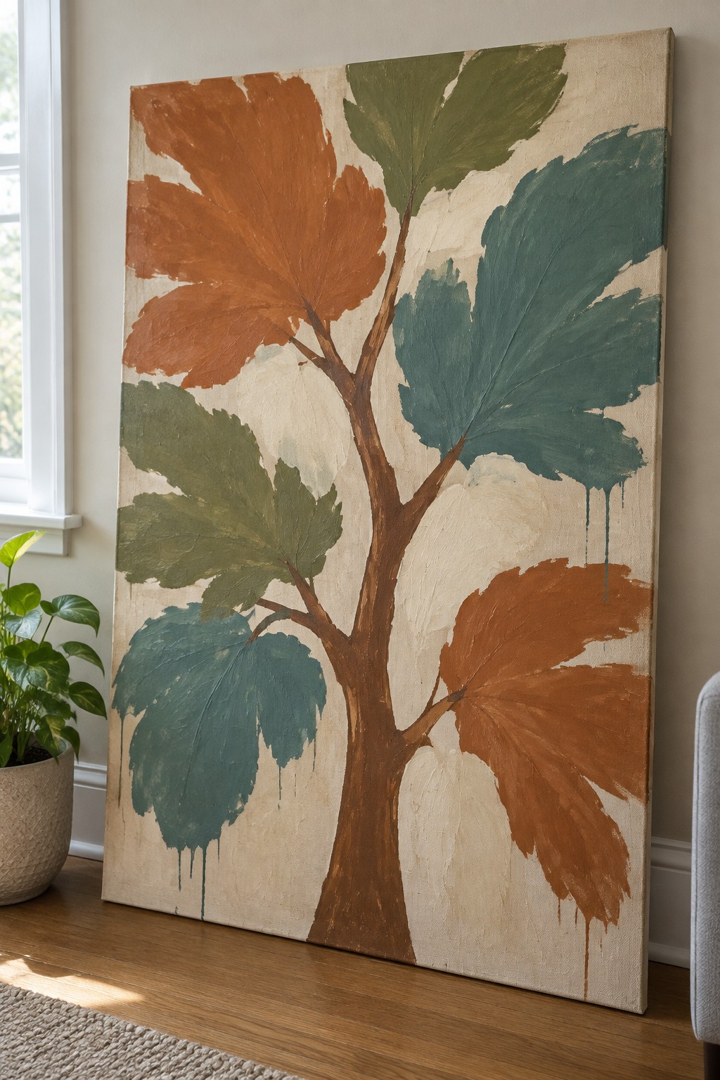 Abstract tree painting with orange, teal, and green leaves on beige canvas