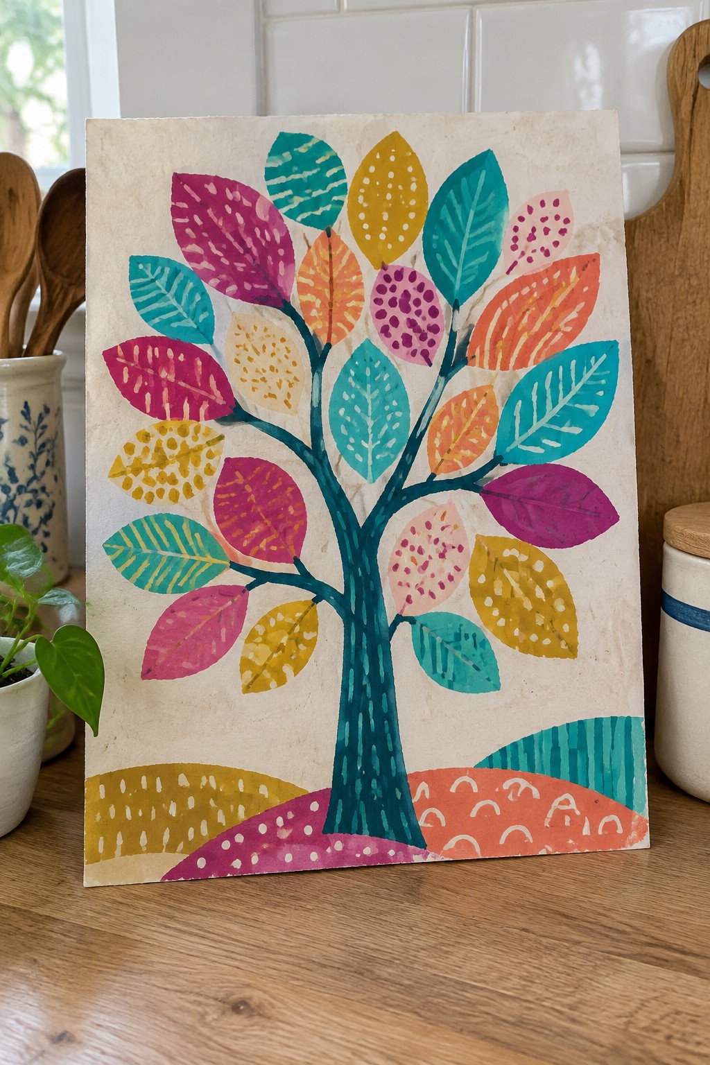 Colorful hand-painted tree with patterned leaves on textured paper in kitchen