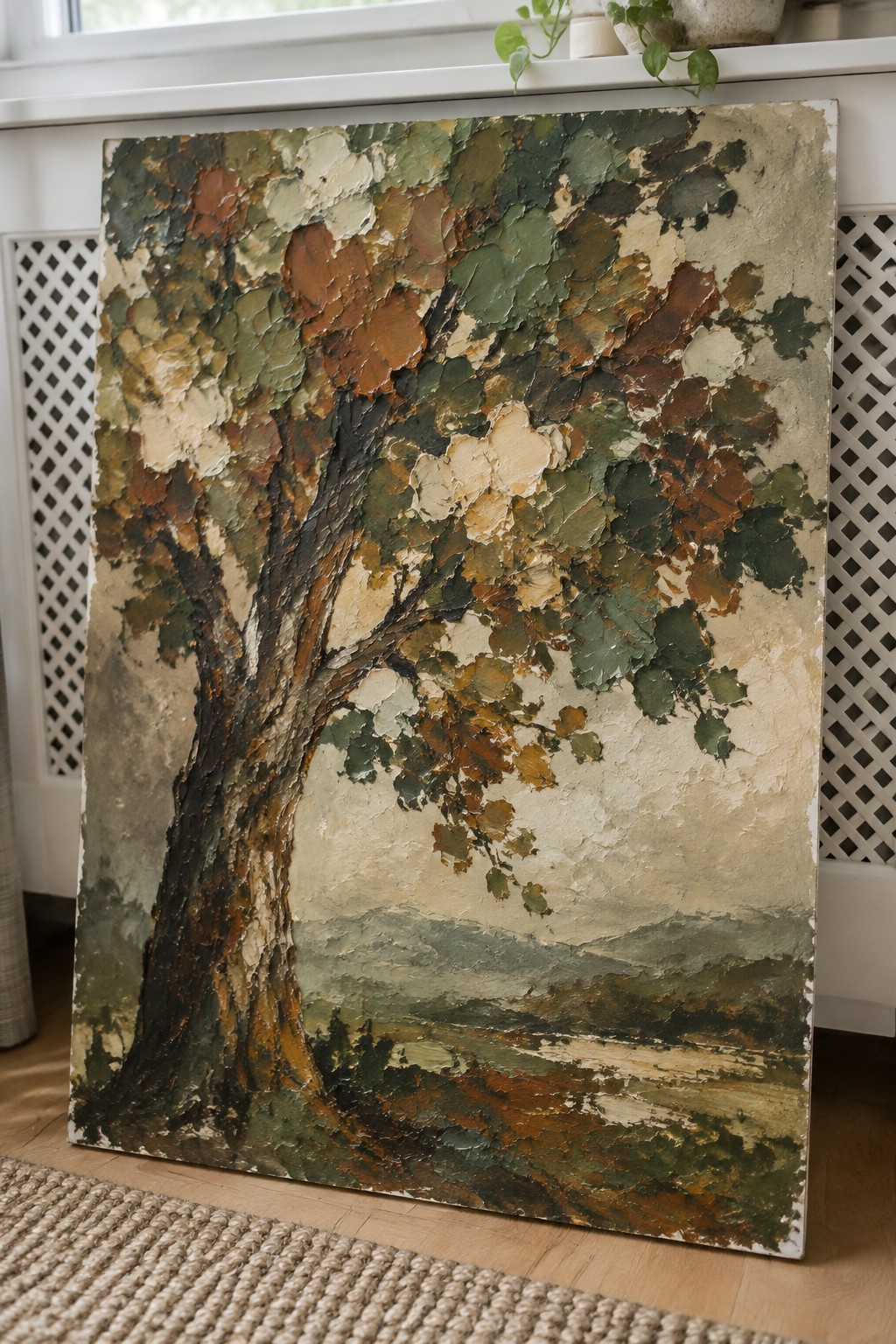 Impasto painting of large tree with thick multicolored foliage over misty landscape