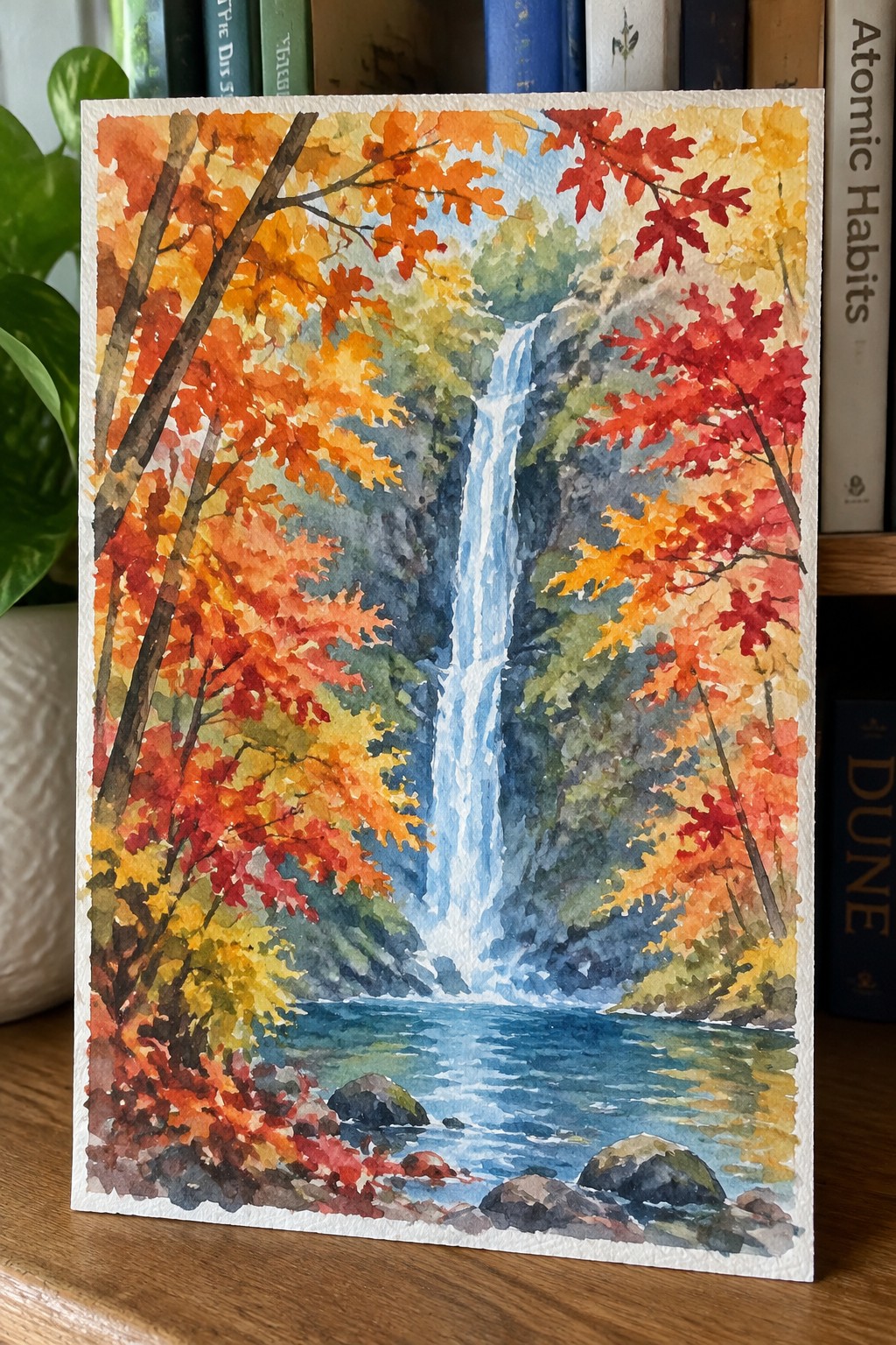 Watercolor of cascading waterfall amid vibrant red and orange autumn trees and rocks.