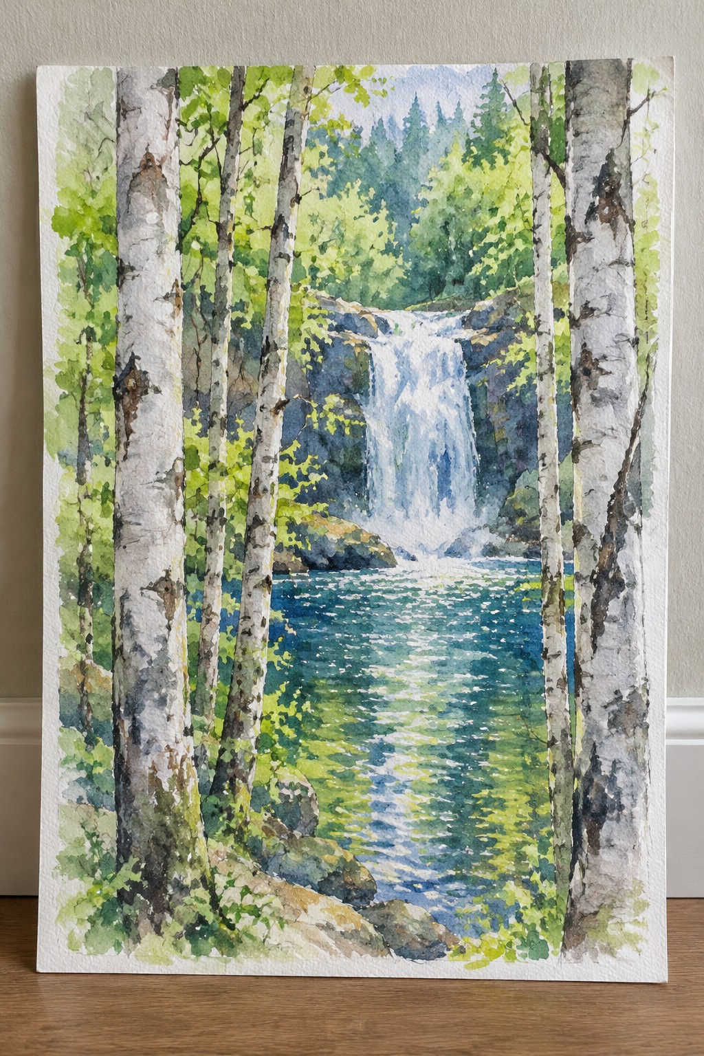 Watercolor of white birch trees framing a blue waterfall and forest pool