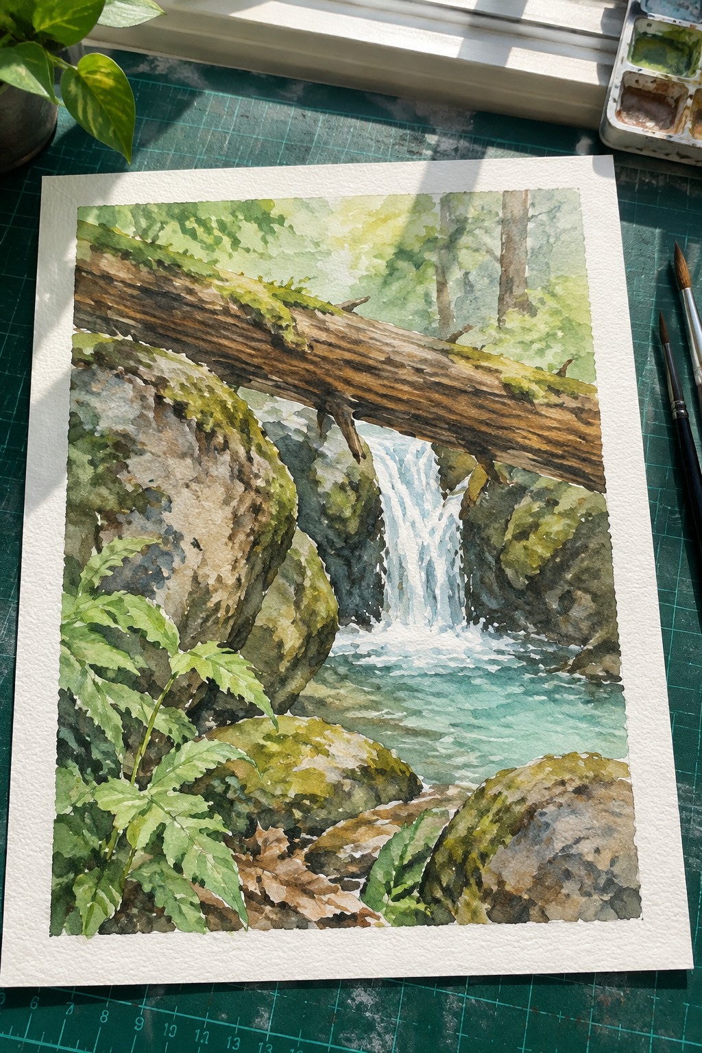 Watercolor painting of woodland waterfall with mossy rocks, log, and ferns beside palette