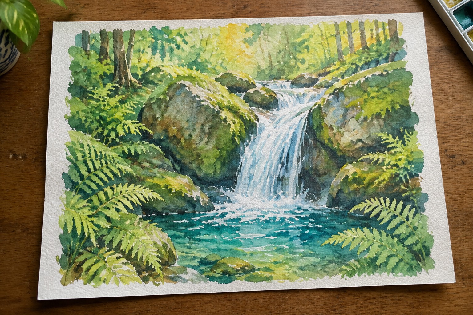 Watercolor of cascading waterfall over mossy rocks into turquoise pool amid lush ferns and forest.