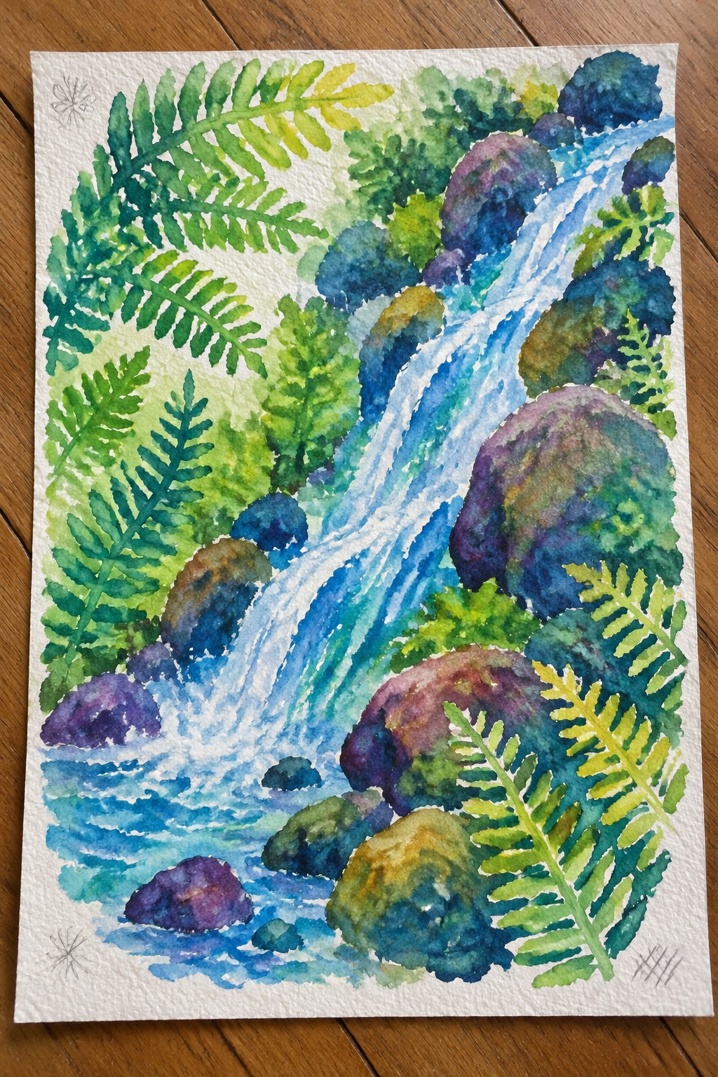 Watercolor painting of cascading blue waterfall amid vibrant ferns and colorful rocks.
