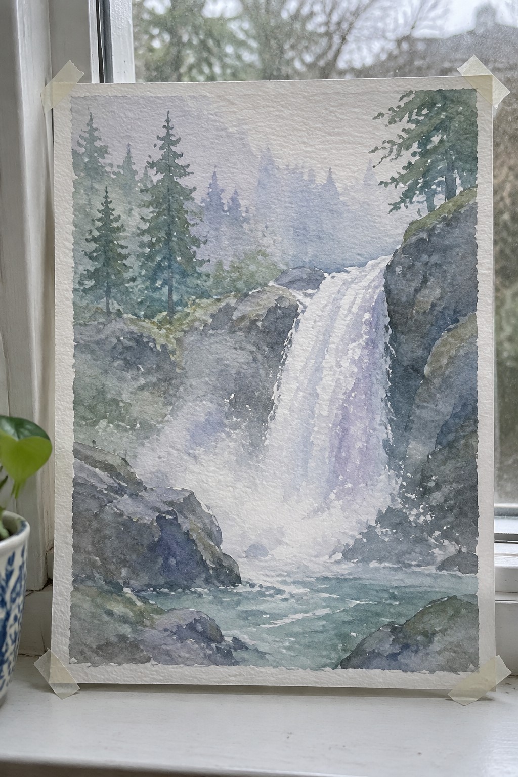 Watercolor painting of misty waterfall with pine trees taped to windowsill