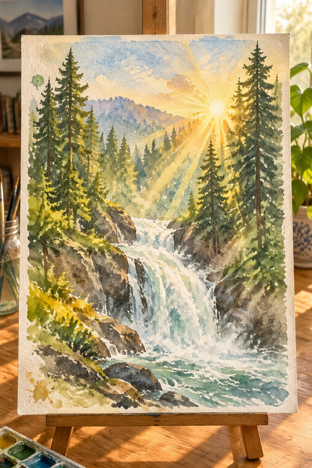 Watercolor painting on easel of sunlit waterfall cascading through pine forest with mountains.