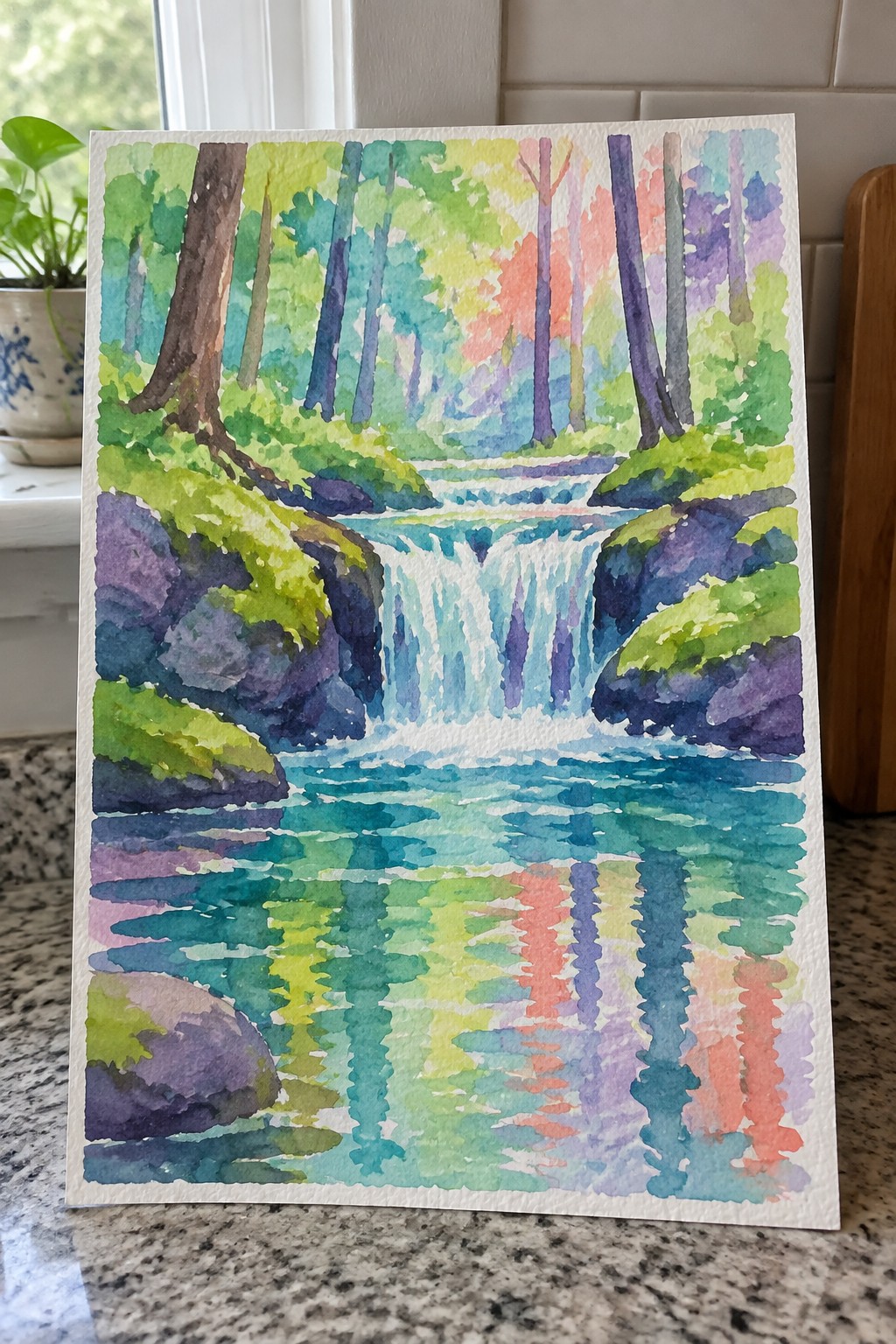 Vibrant watercolor forest with cascading waterfall, colorful trees, rocks, and water reflections