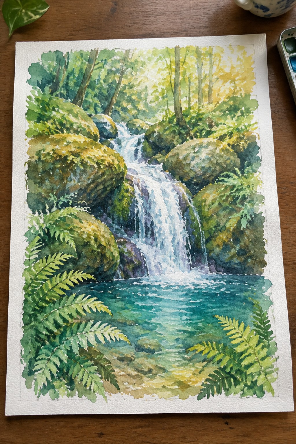 Watercolor of cascading waterfall over mossy rocks into turquoise pool amid lush ferns and forest.