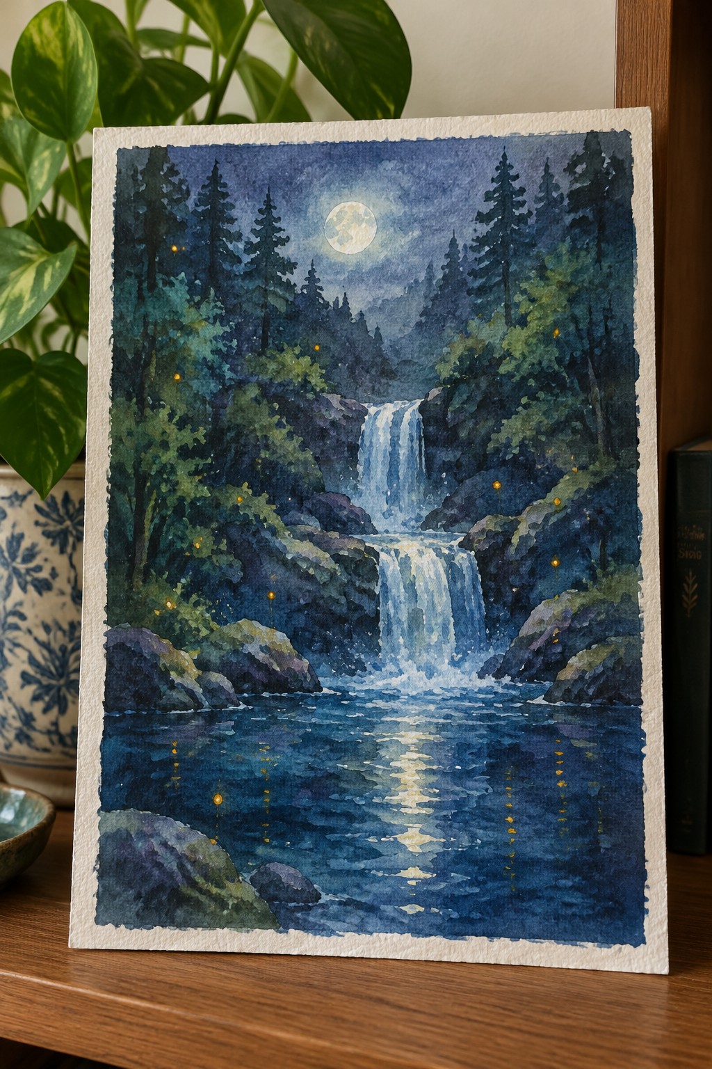 Watercolor of moonlit waterfall cascading into river with fireflies and full moon.