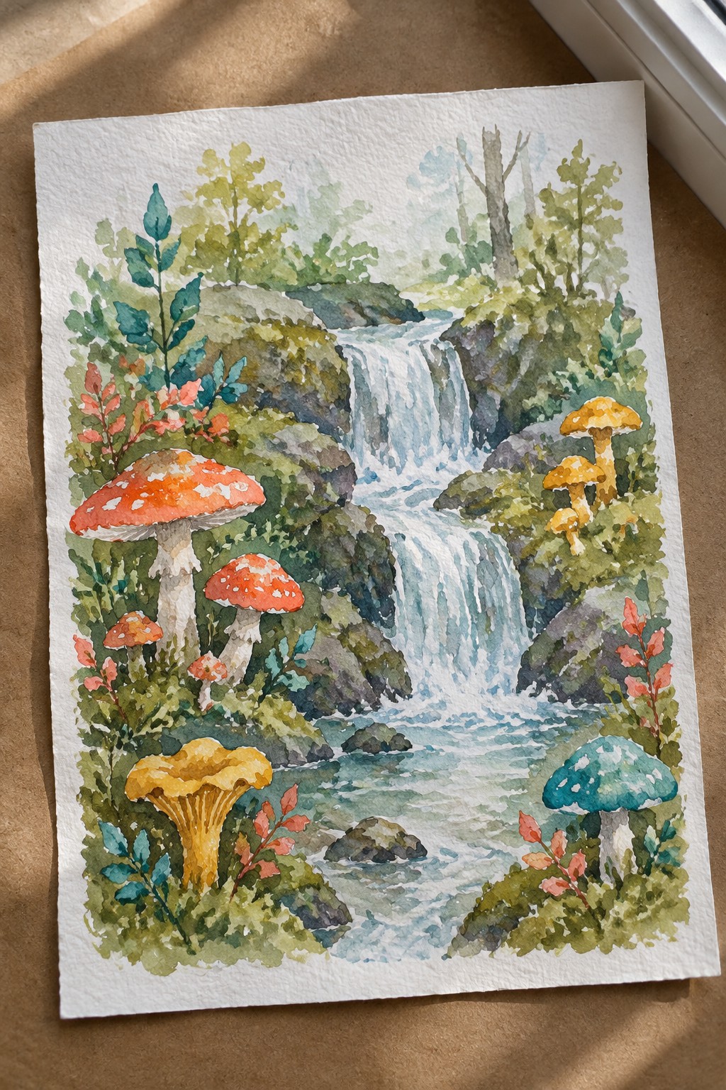 Watercolor forest scene with cascading waterfall, red spotted mushrooms, and lush greenery.