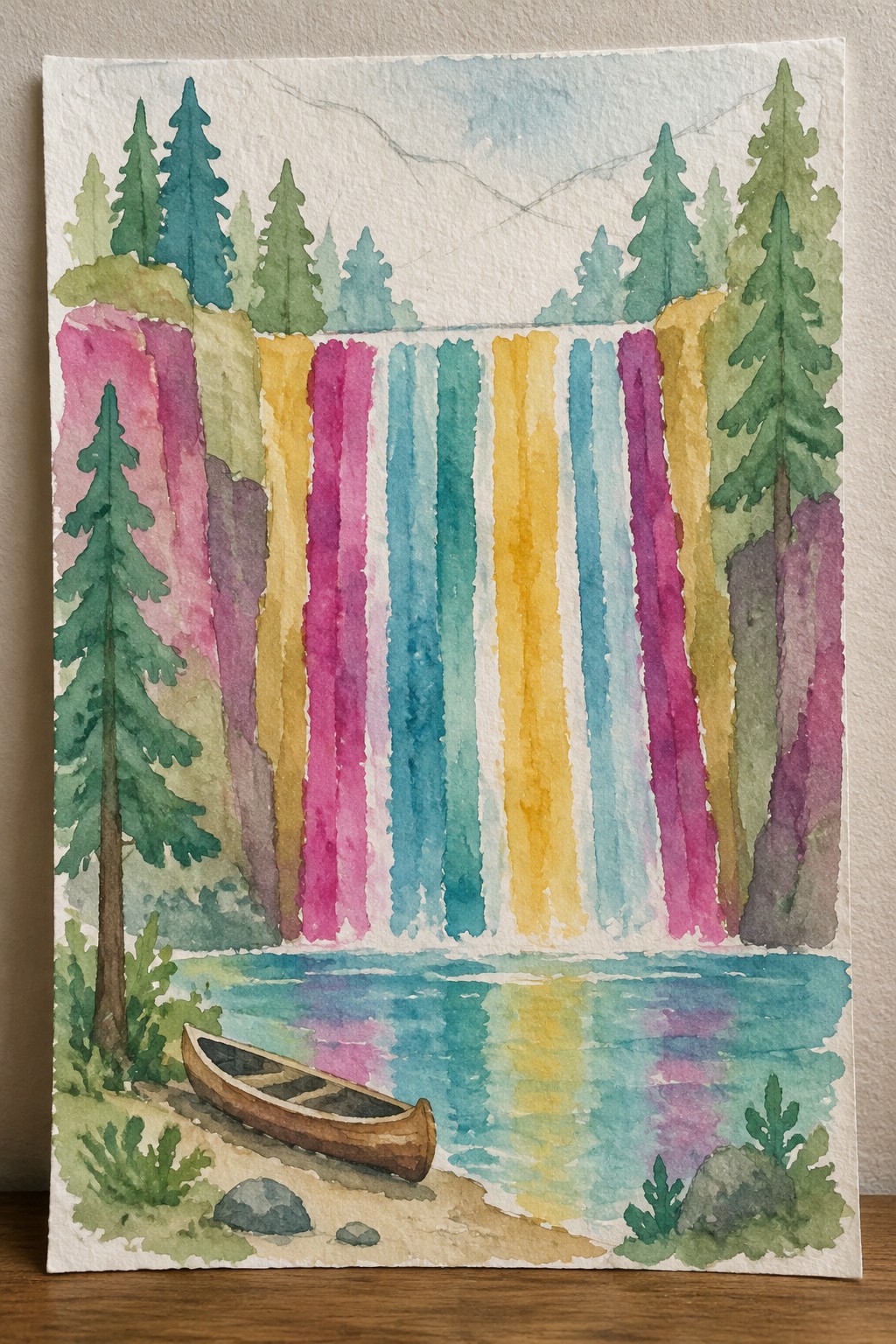 Watercolor of rainbow waterfall cascading into lake with canoe on shore amid pine trees.