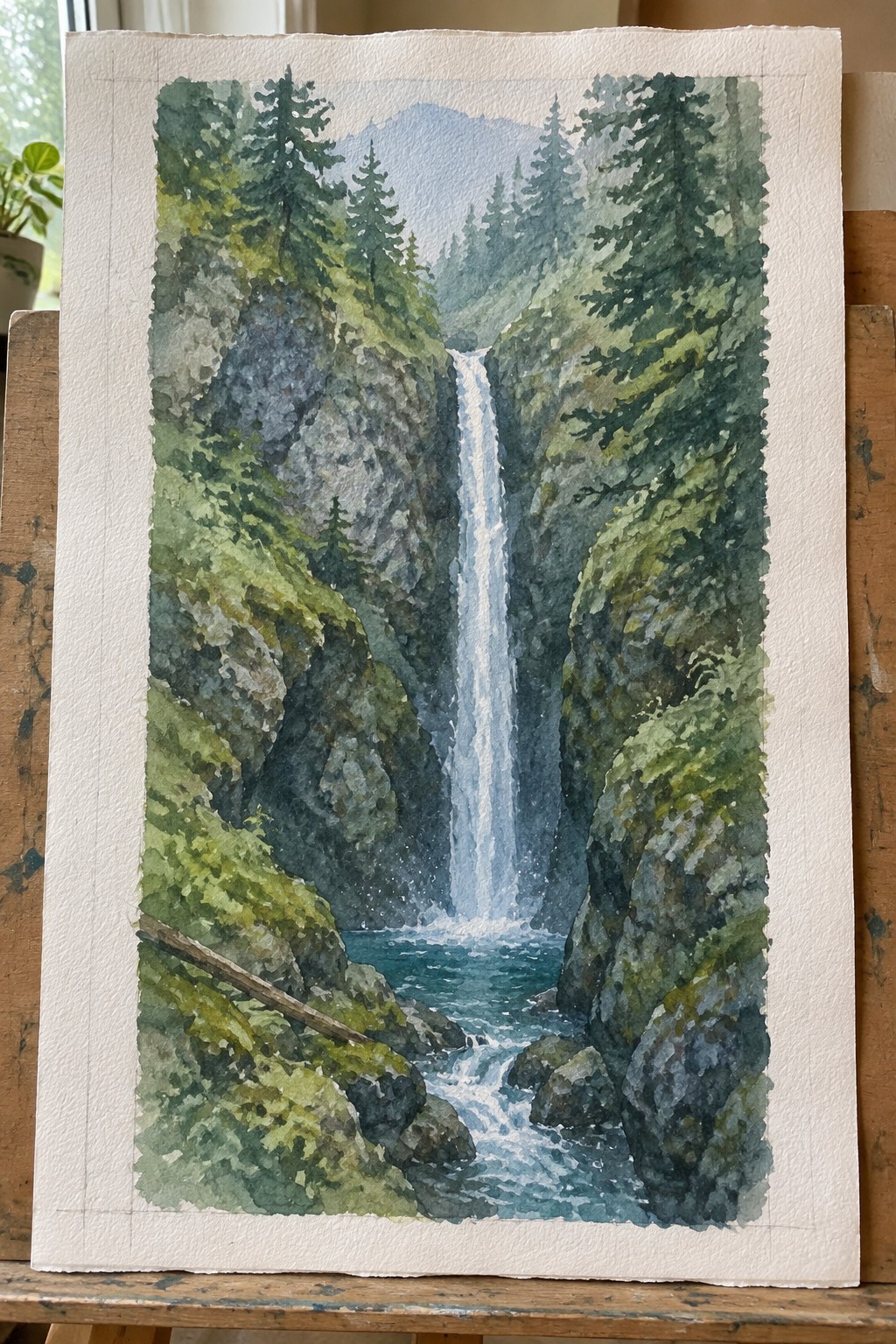 Watercolor painting of a tall waterfall cascading between misty, tree-covered rocky cliffs into a turquoise pool.