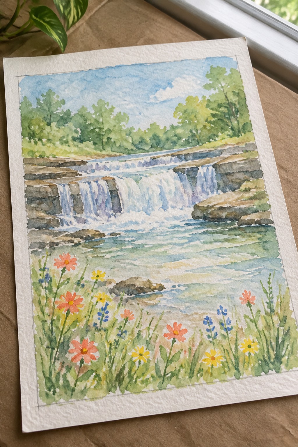Watercolor of cascading blue waterfall over rocky ledges with colorful wildflowers and green trees.