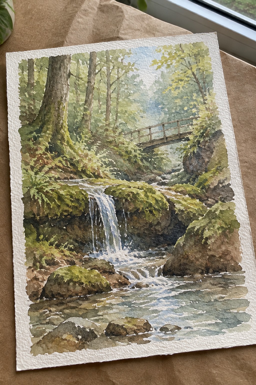 Watercolor forest scene with mossy rocks, cascading waterfall, stream, and wooden bridge among trees.