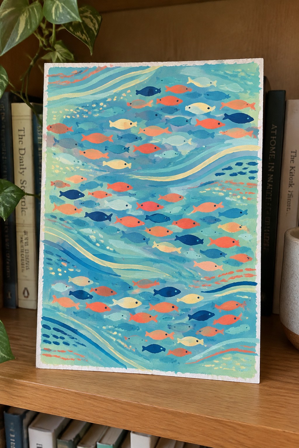 Colorful watercolor painting of fish swimming in turquoise ocean waves on wooden bookshelf